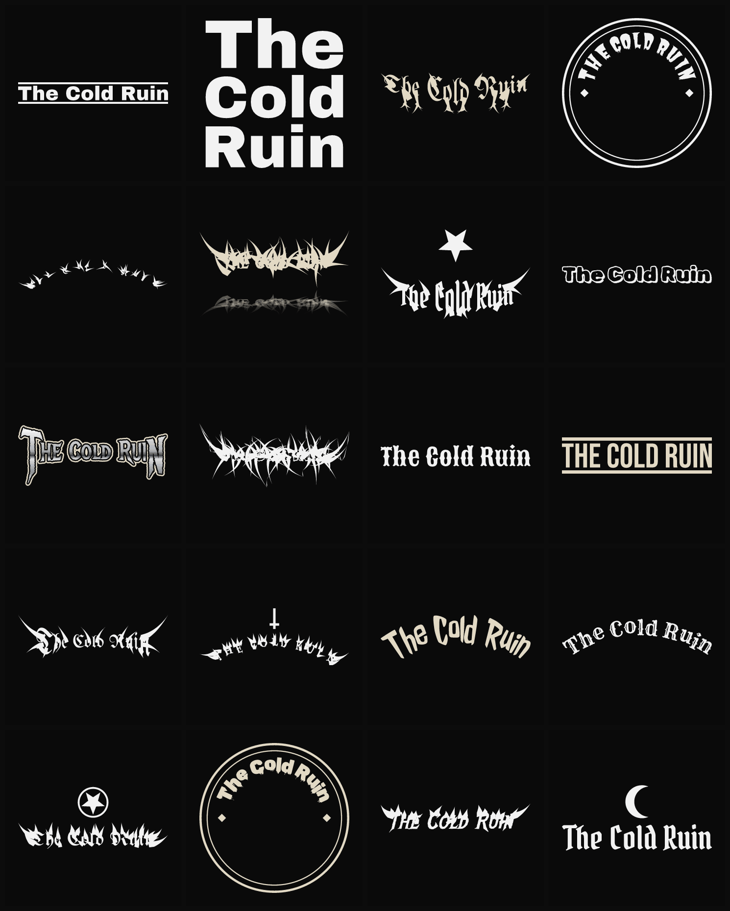 Twenty The Cold Ruin band logo ideas — different faces, treatments and spike settings
