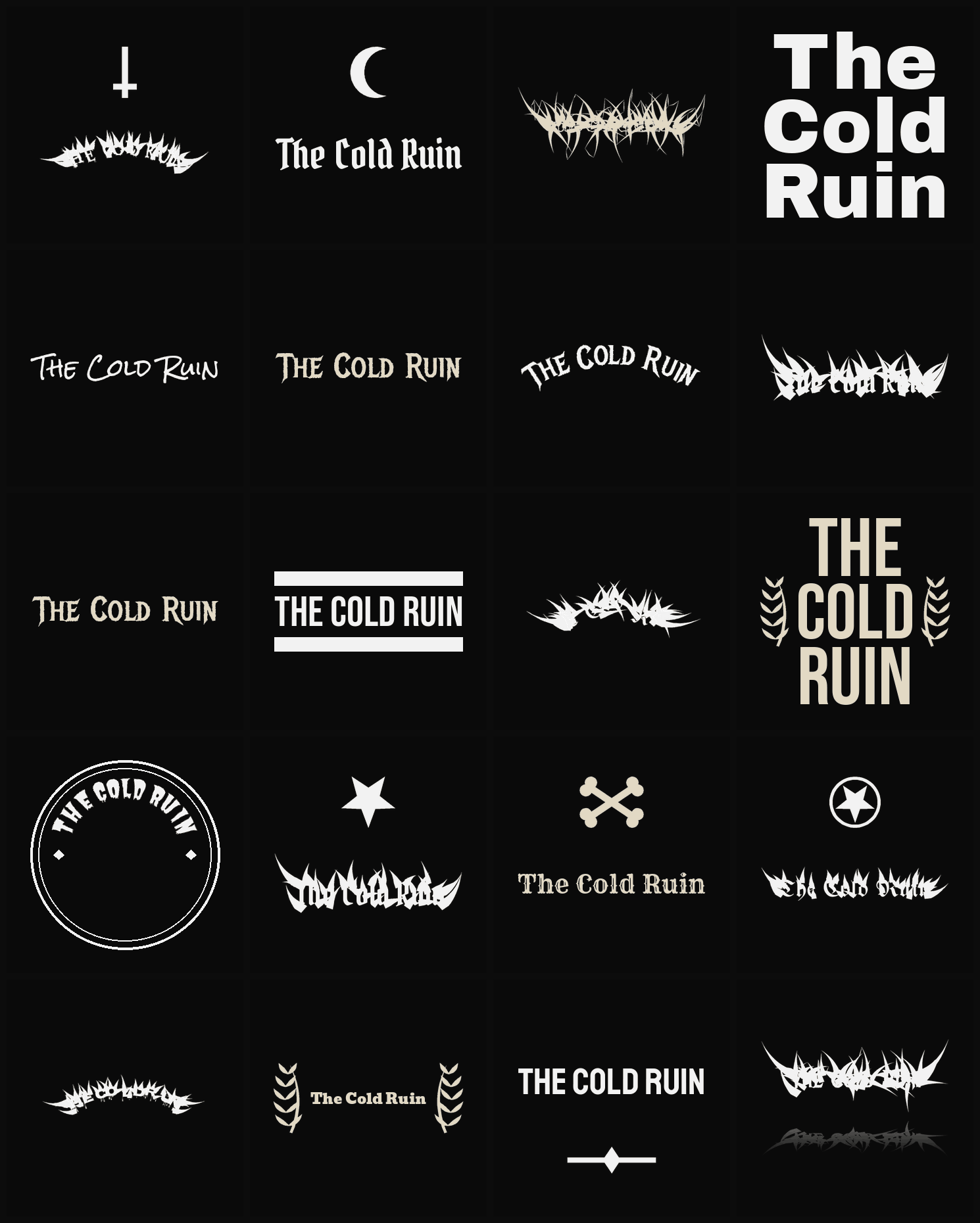Twenty The Cold Ruin band logo ideas — different faces, treatments and spike settings
