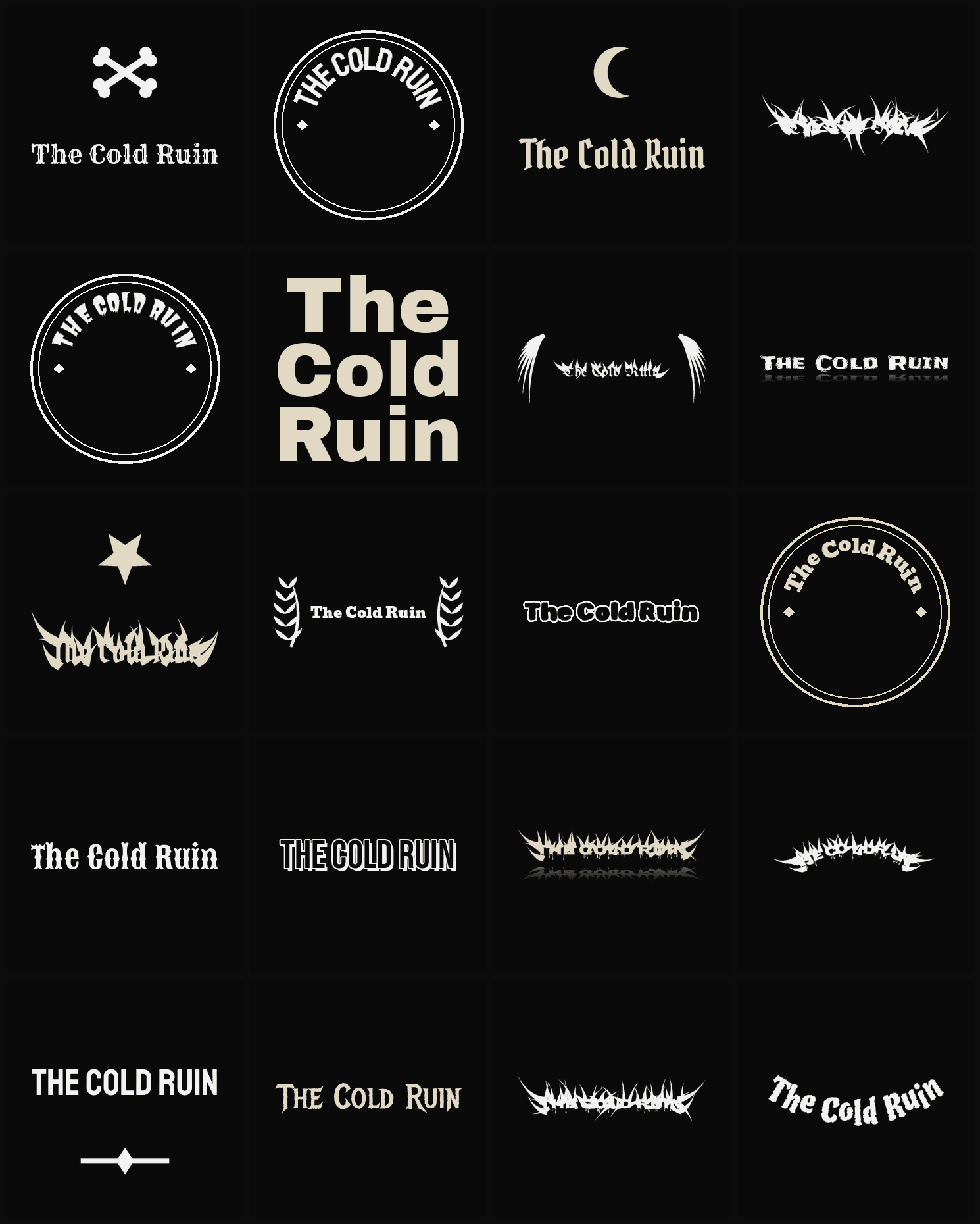 Twenty The Cold Ruin band logo ideas — different faces, treatments and spike settings