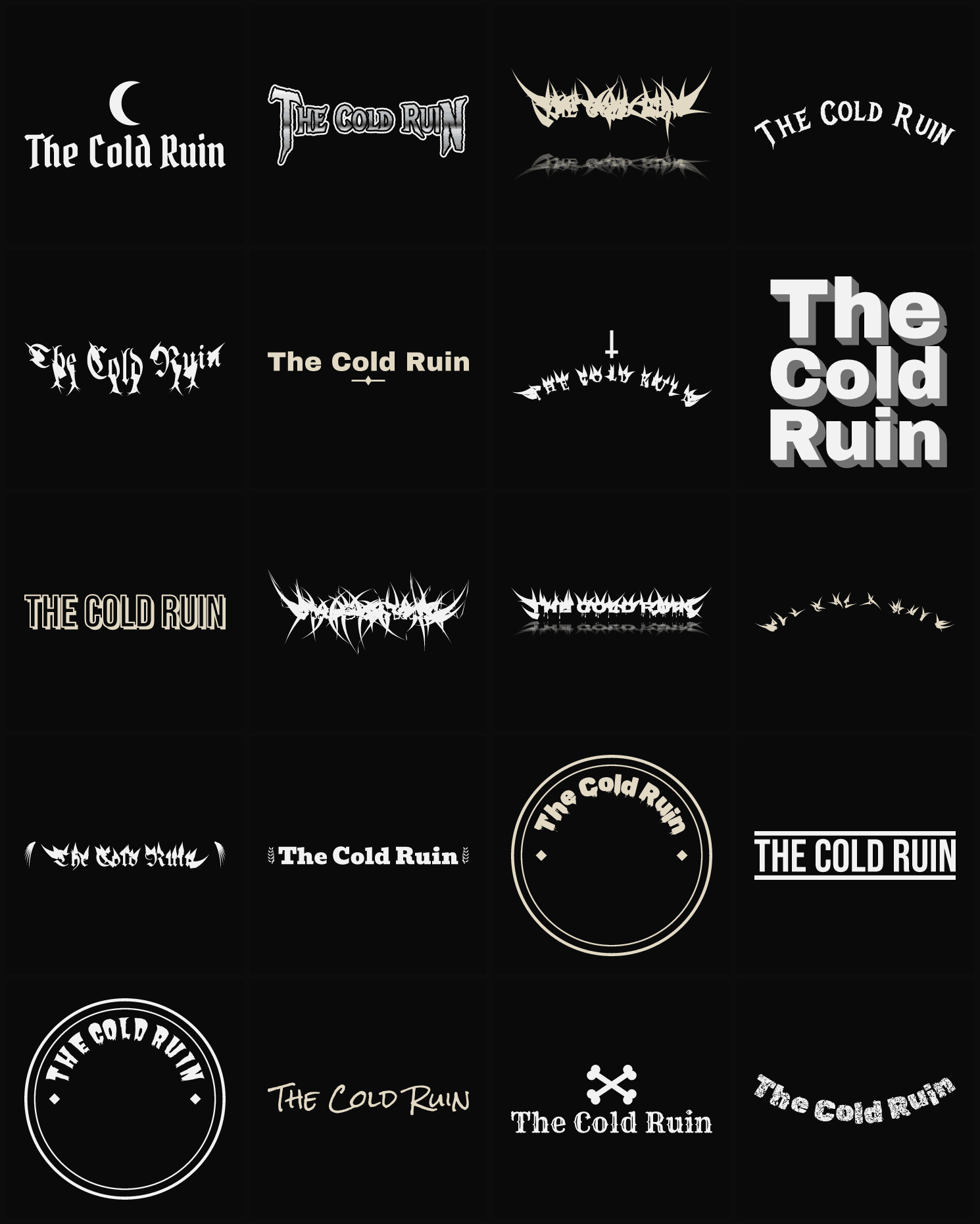 Twenty The Cold Ruin band logo ideas — different faces, treatments and spike settings