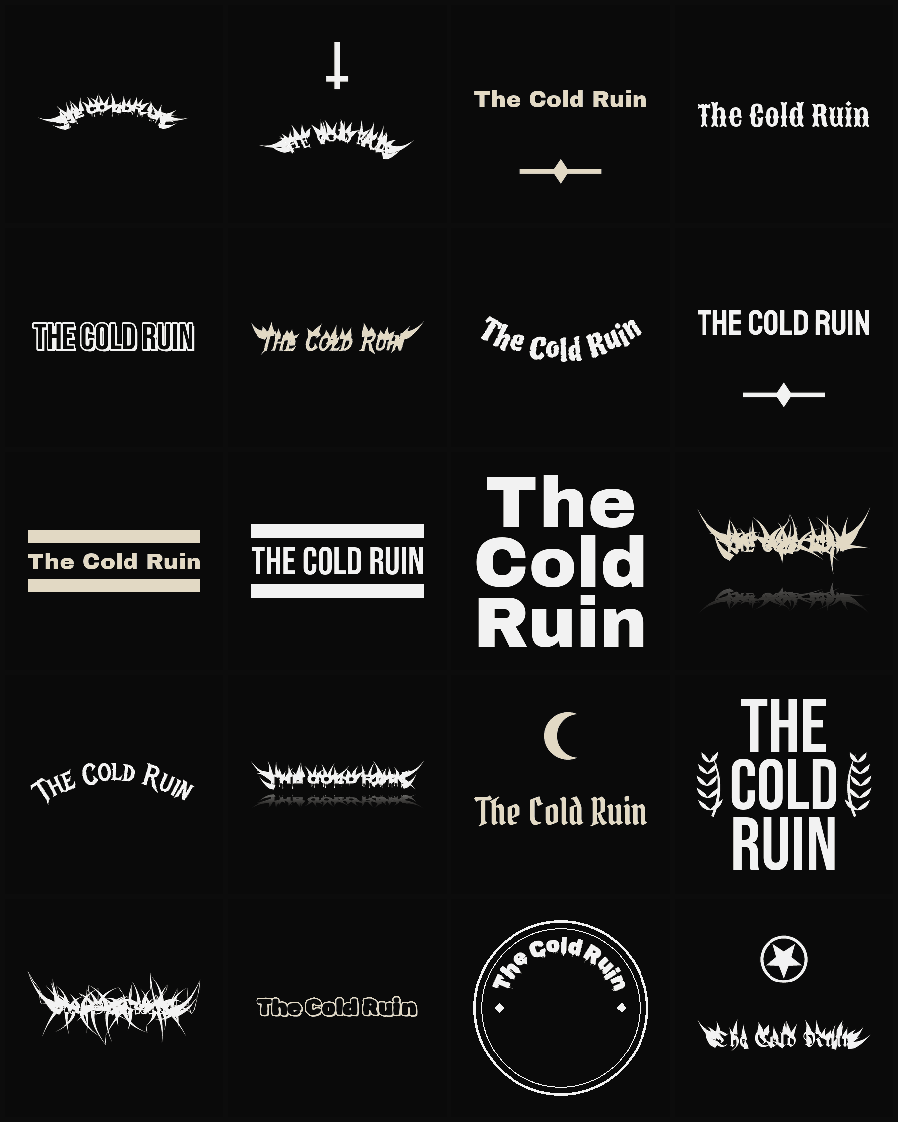 Twenty The Cold Ruin band logo ideas — different faces, treatments and spike settings