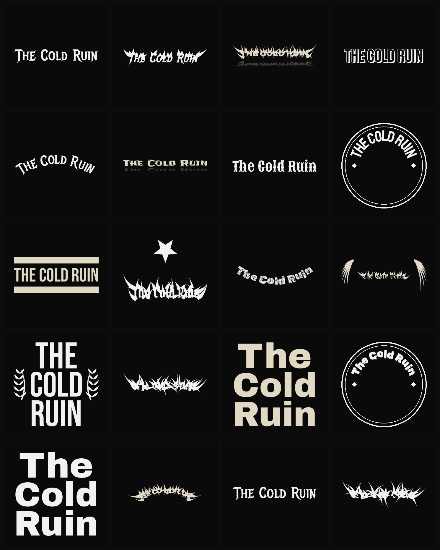 Twenty The Cold Ruin band logo ideas — different faces, treatments and spike settings