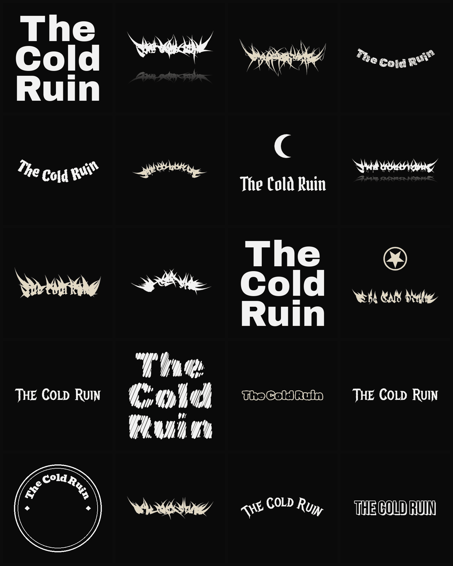 Twenty The Cold Ruin band logo ideas — different faces, treatments and spike settings