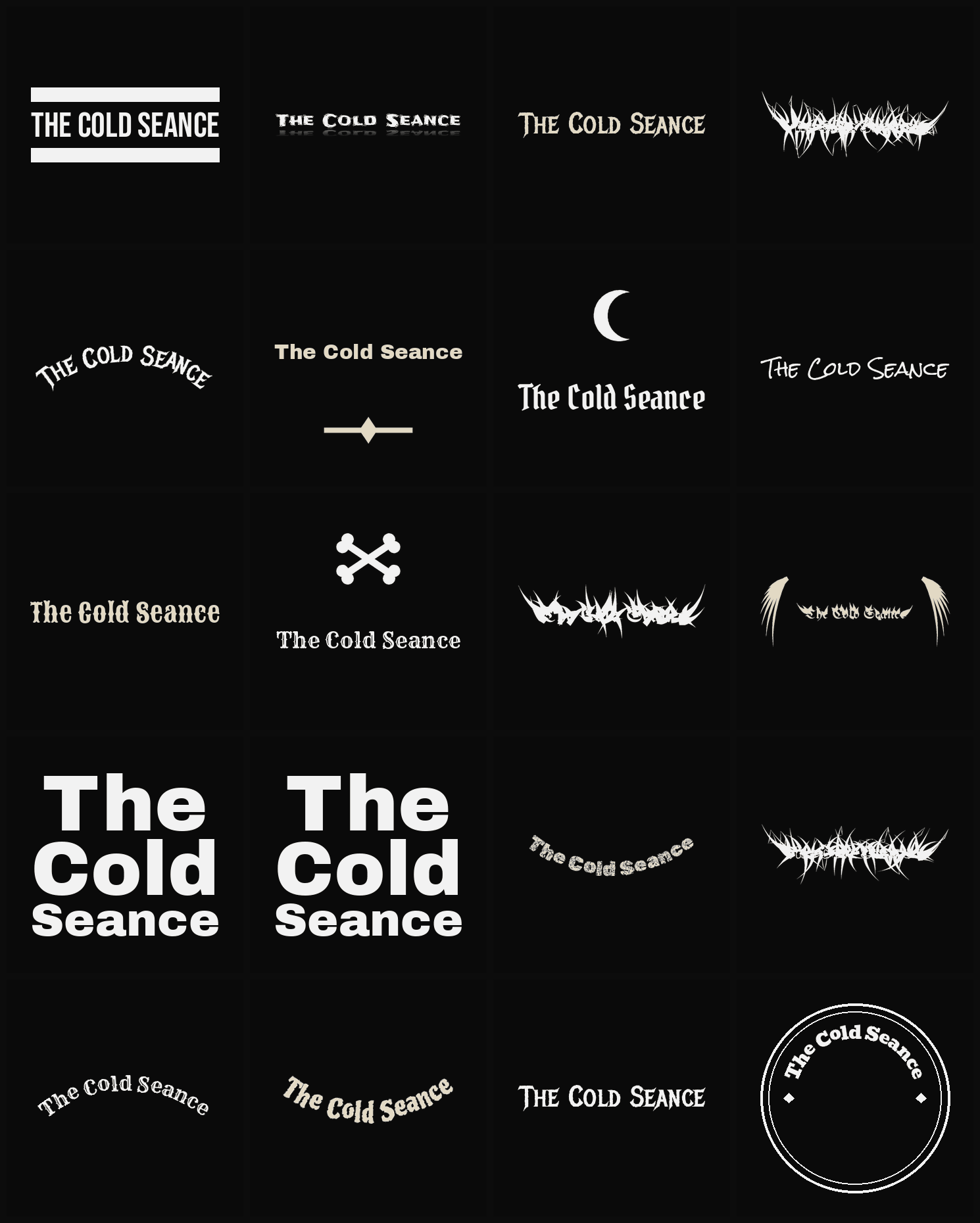 Twenty The Cold Seance band logo ideas — different faces, treatments and spike settings