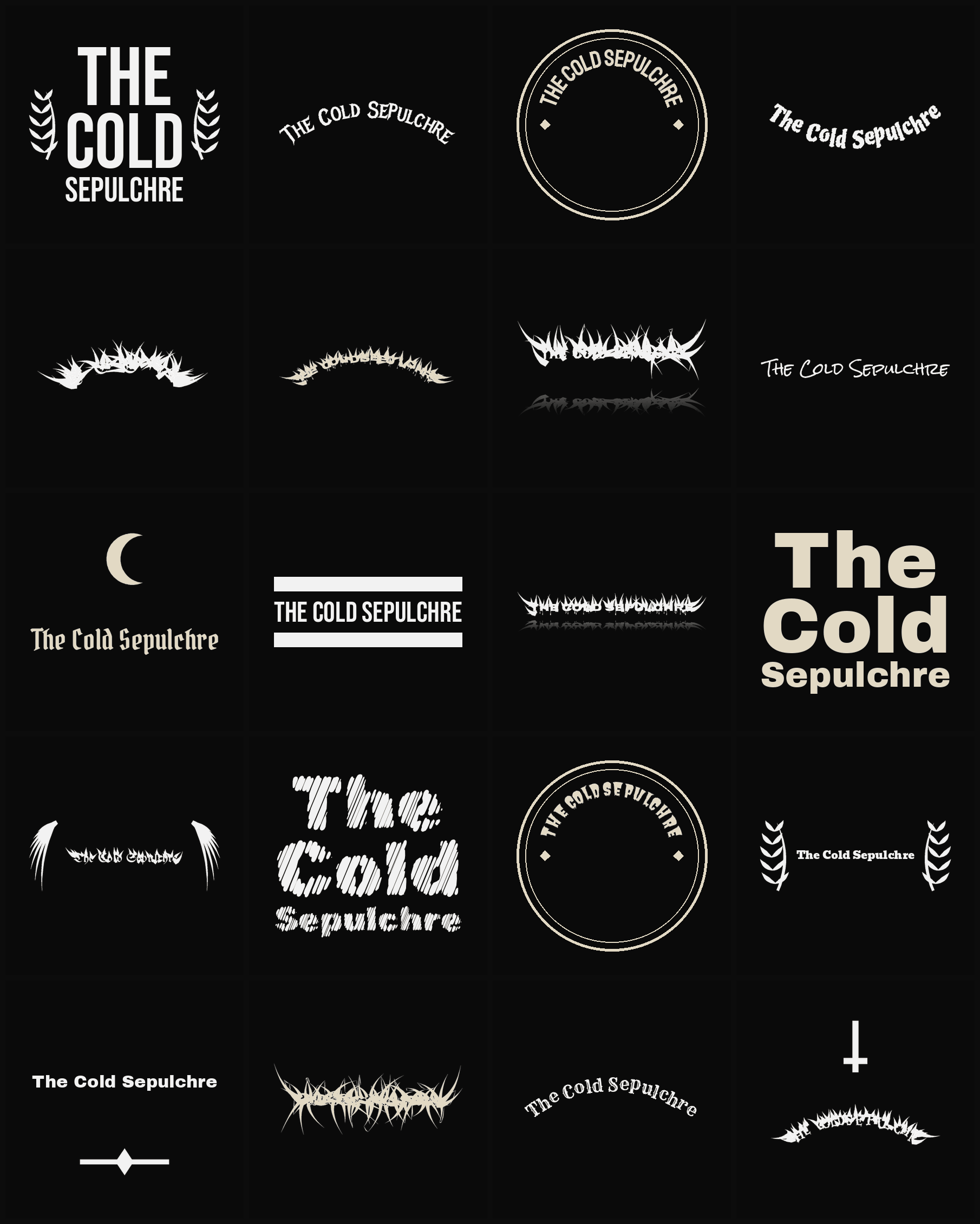 Twenty The Cold Sepulchre band logo ideas — different faces, treatments and spike settings