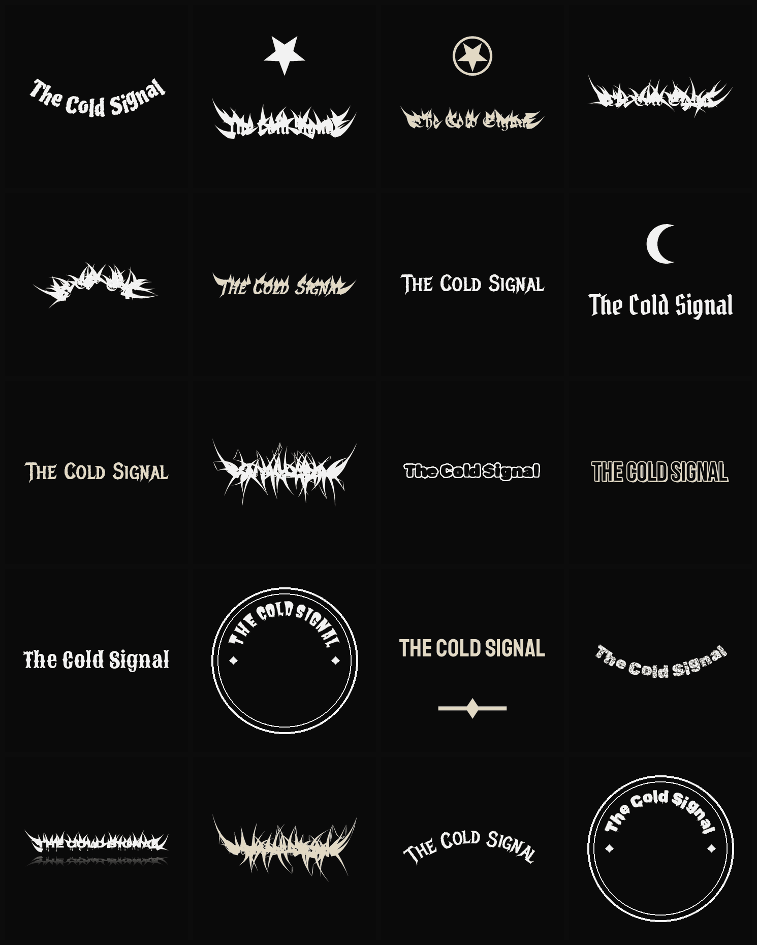 Twenty The Cold Signal band logo ideas — different faces, treatments and spike settings