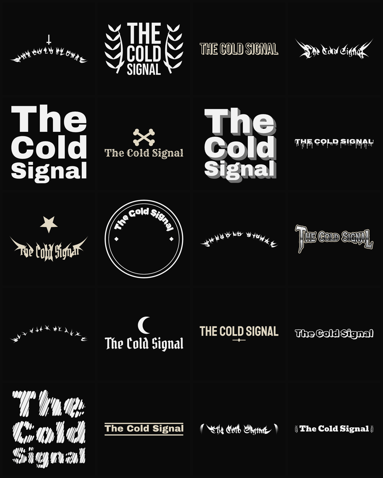 Twenty The Cold Signal band logo ideas — different faces, treatments and spike settings
