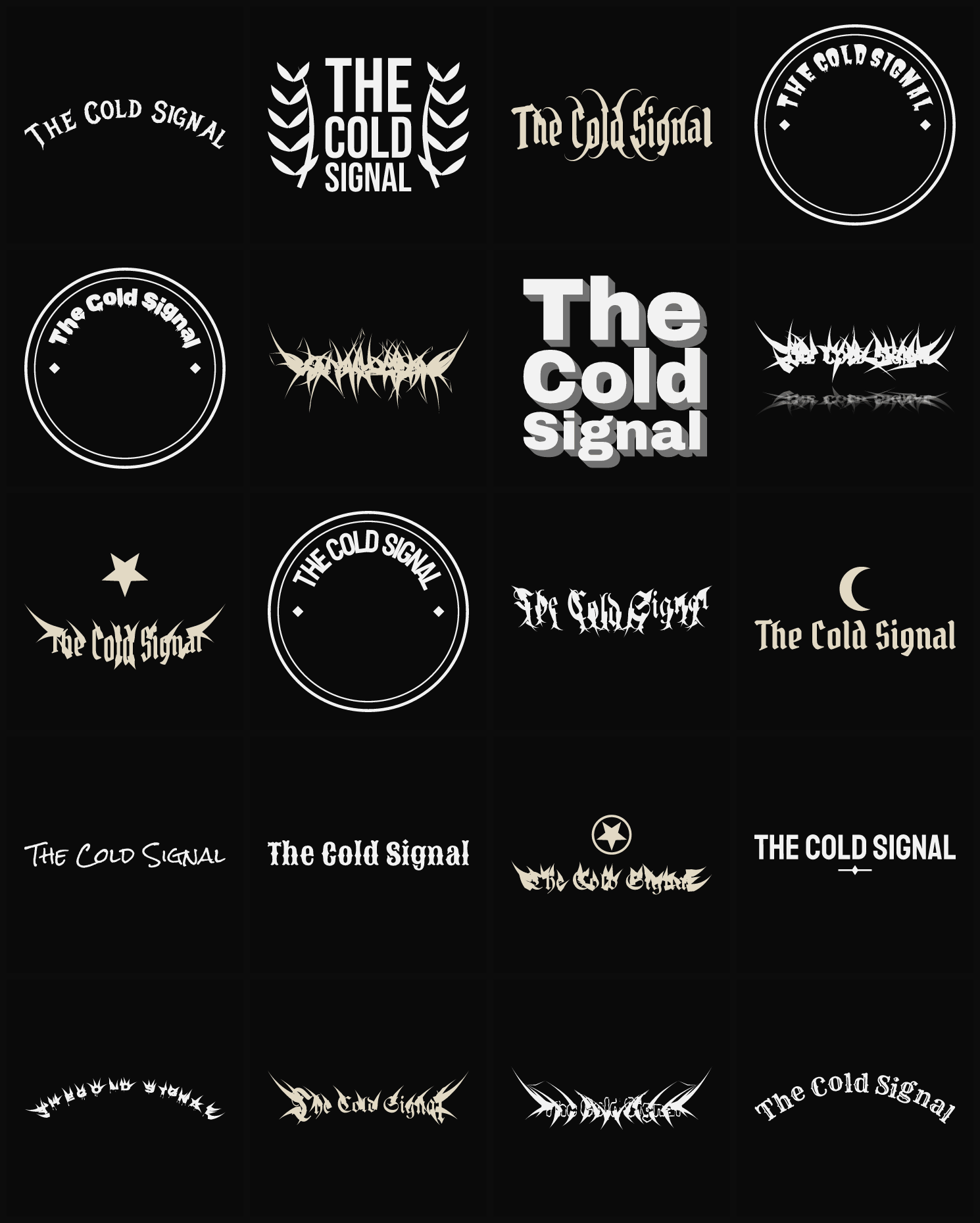 Twenty The Cold Signal band logo ideas — different faces, treatments and spike settings