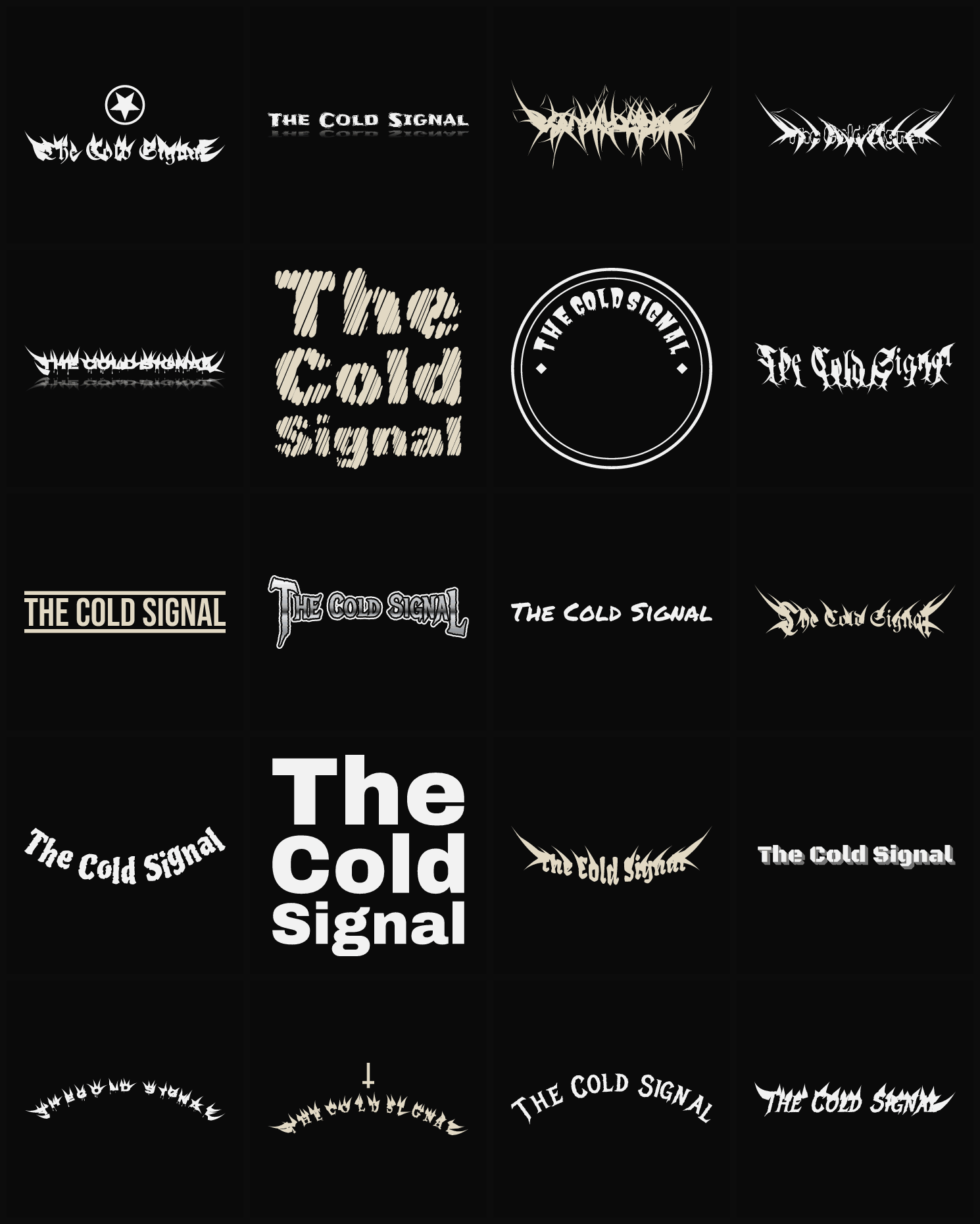 Twenty The Cold Signal band logo ideas — different faces, treatments and spike settings