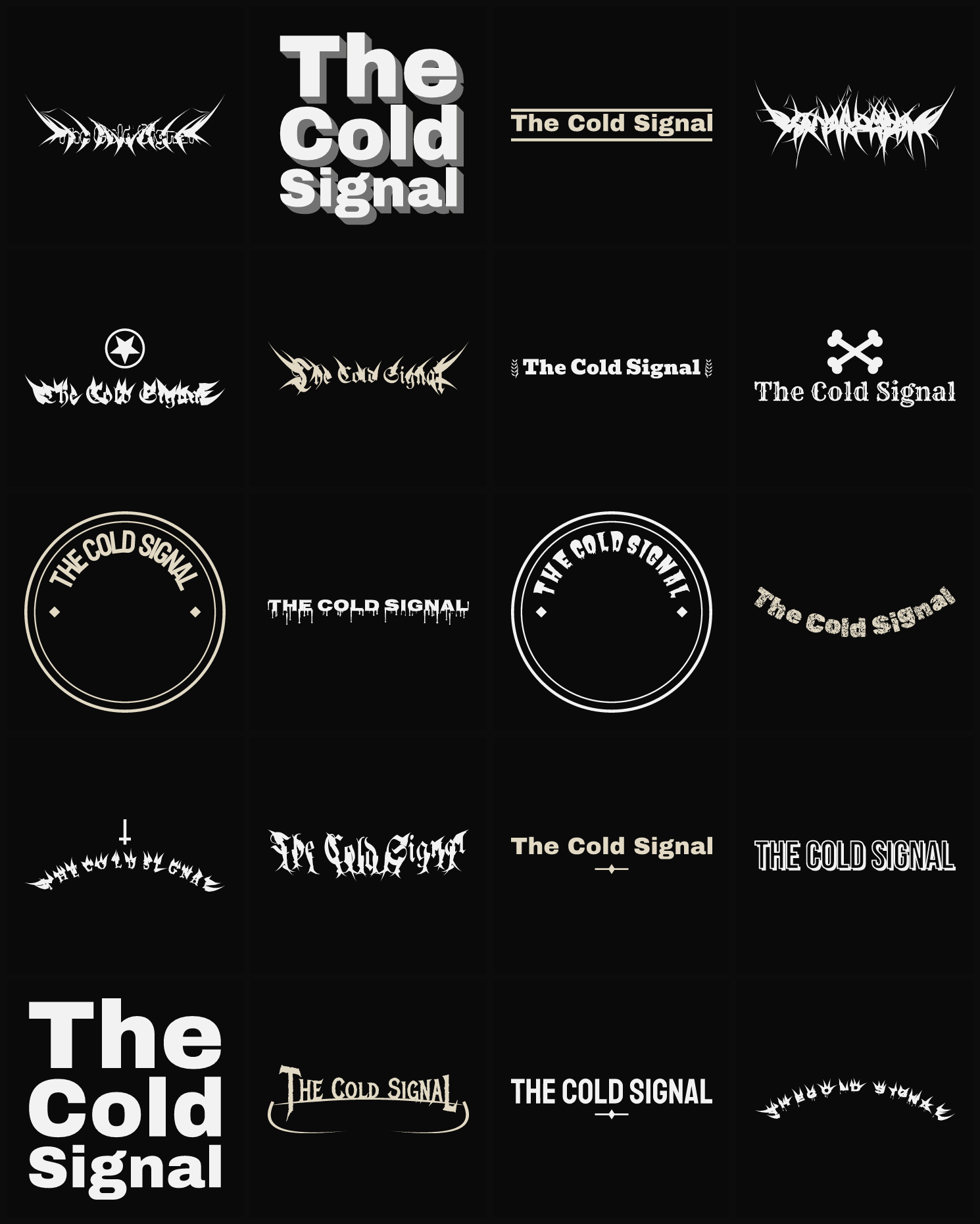 Twenty The Cold Signal band logo ideas — different faces, treatments and spike settings
