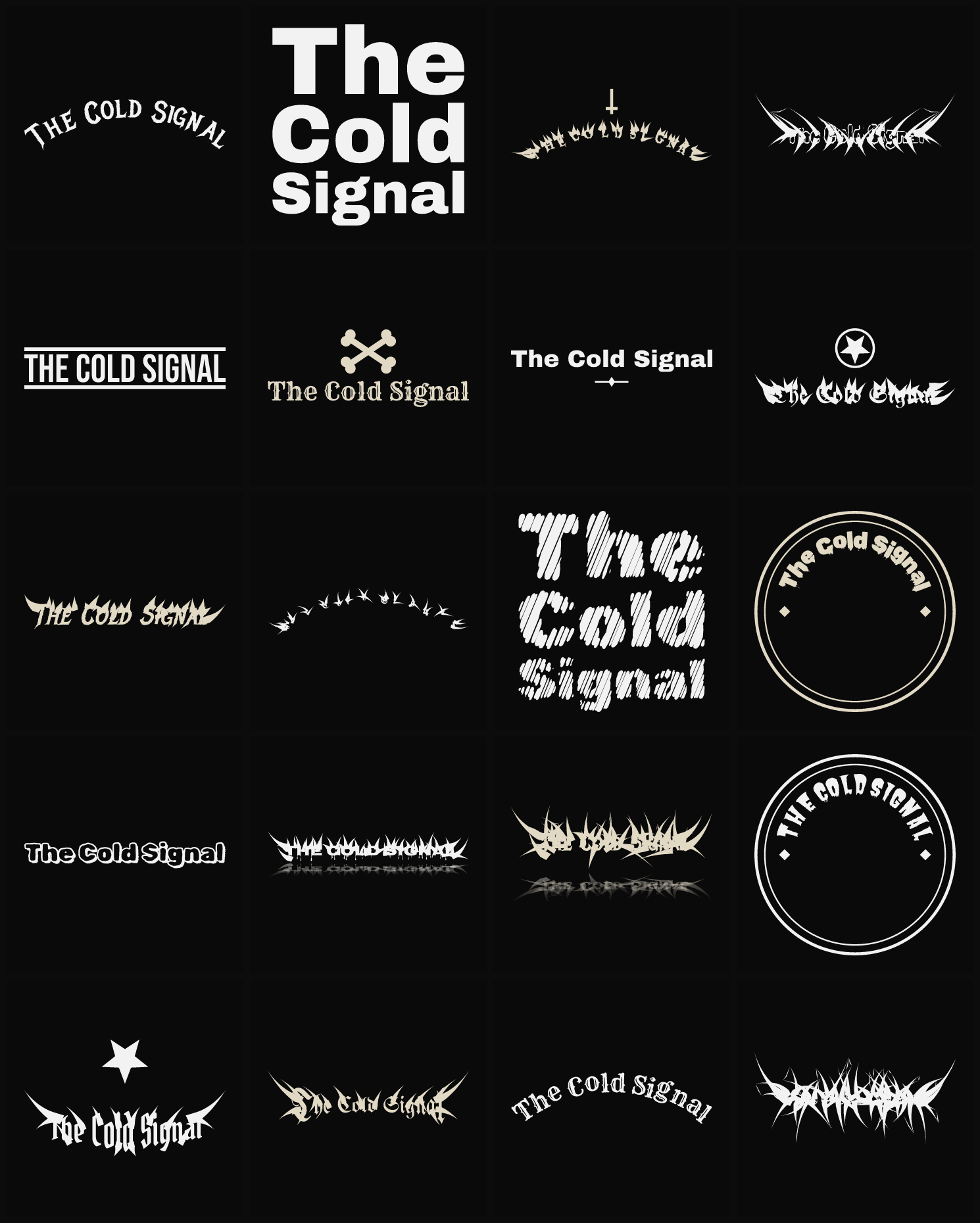 Twenty The Cold Signal band logo ideas — different faces, treatments and spike settings