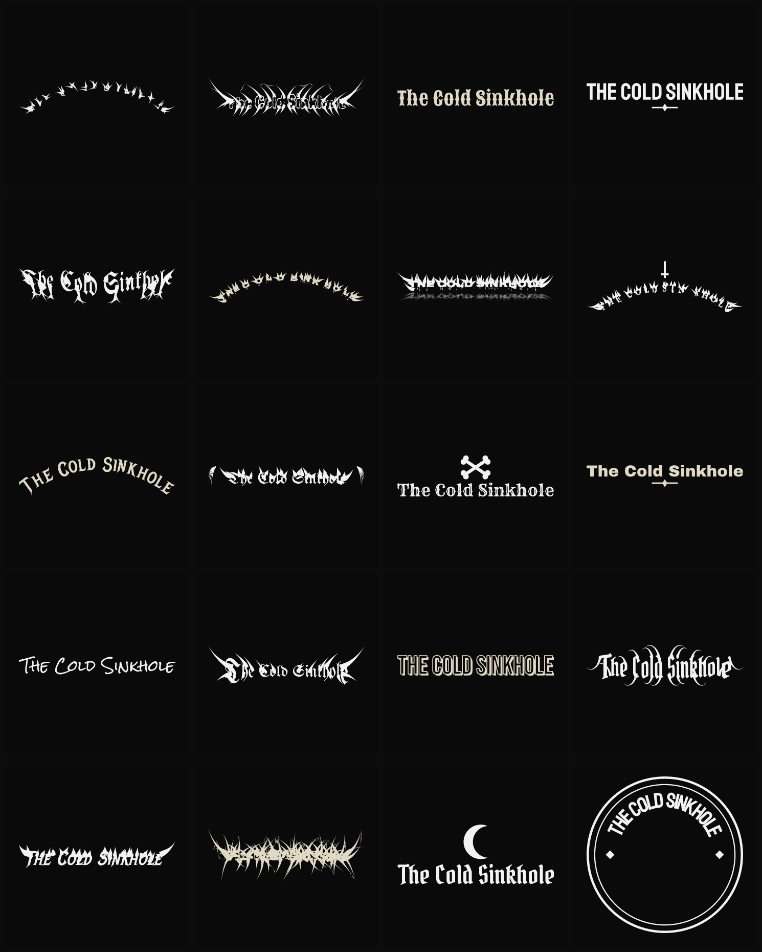 Twenty The Cold Sinkhole band logo ideas — different faces, treatments and spike settings