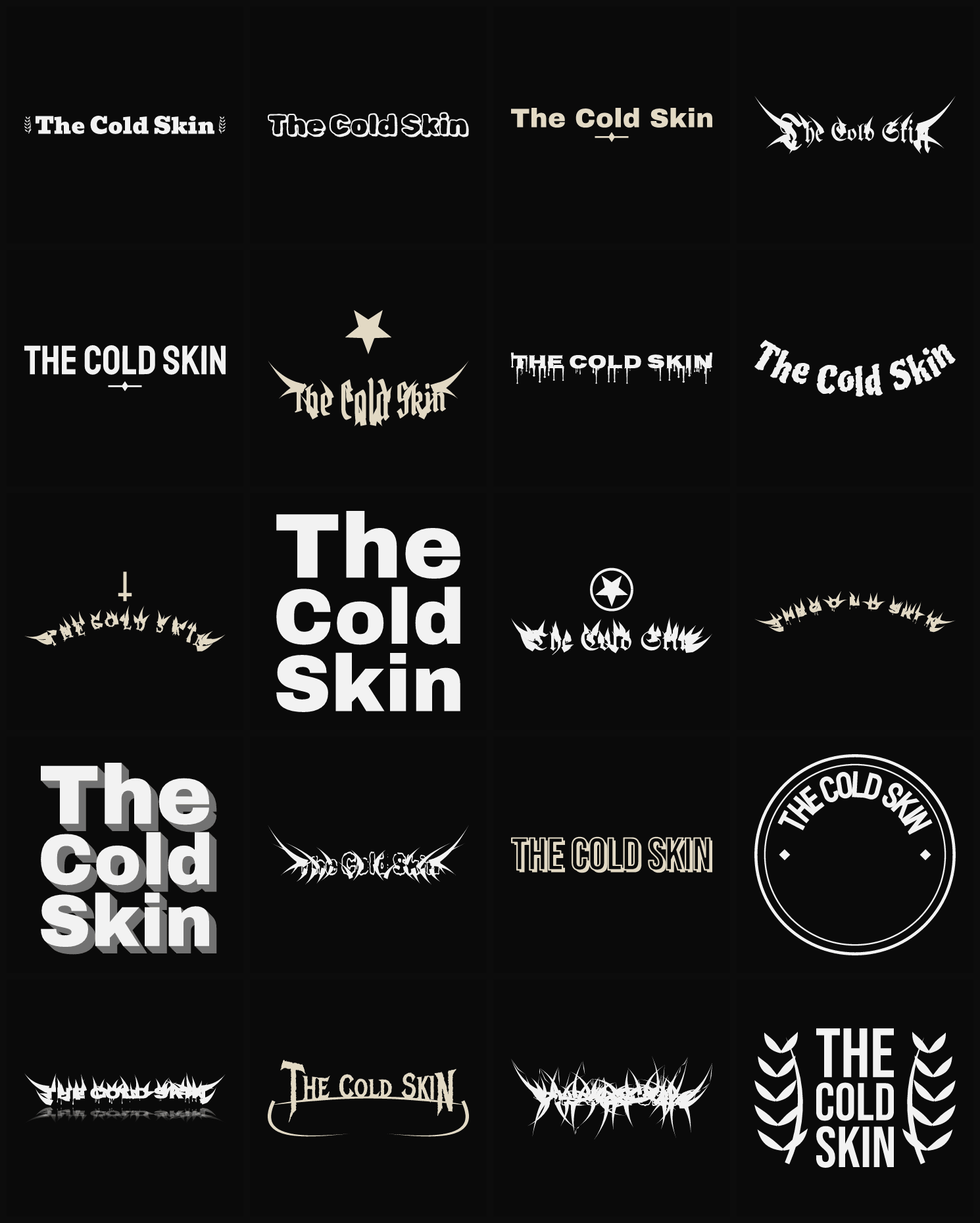 Twenty The Cold Skin band logo ideas — different faces, treatments and spike settings