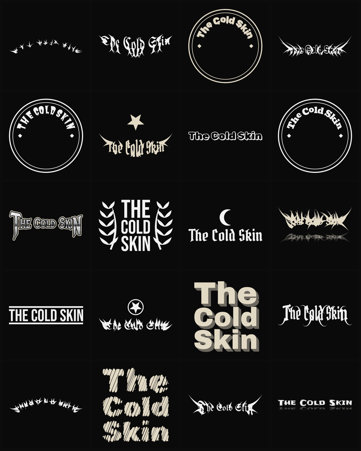 Twenty The Cold Skin band logo ideas — different faces, treatments and spike settings