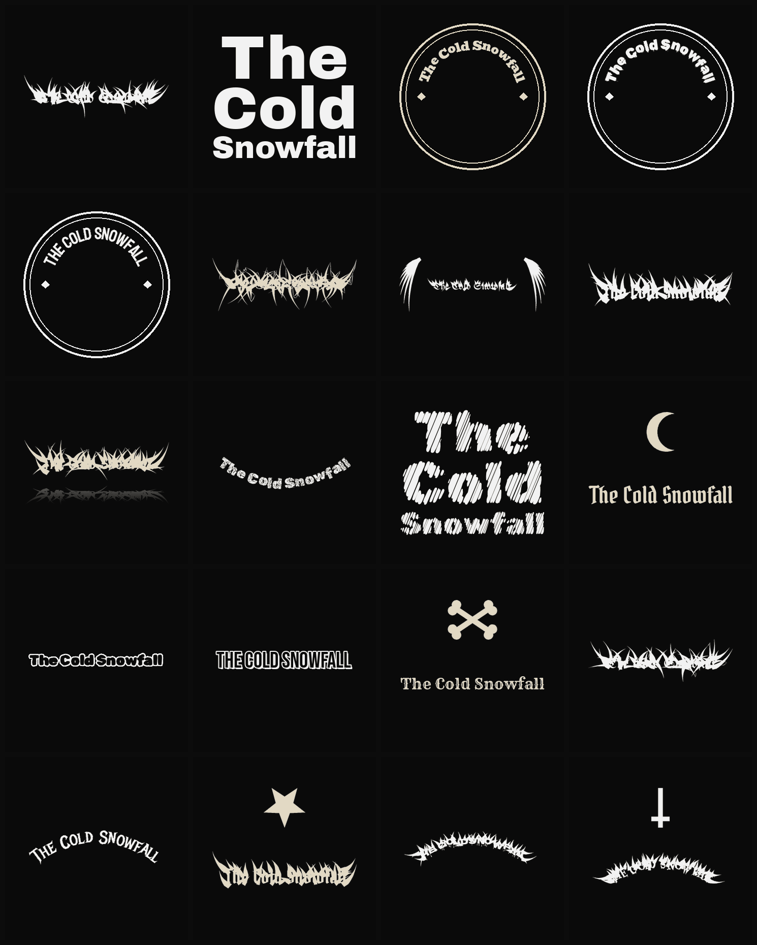 Twenty The Cold Snowfall band logo ideas — different faces, treatments and spike settings