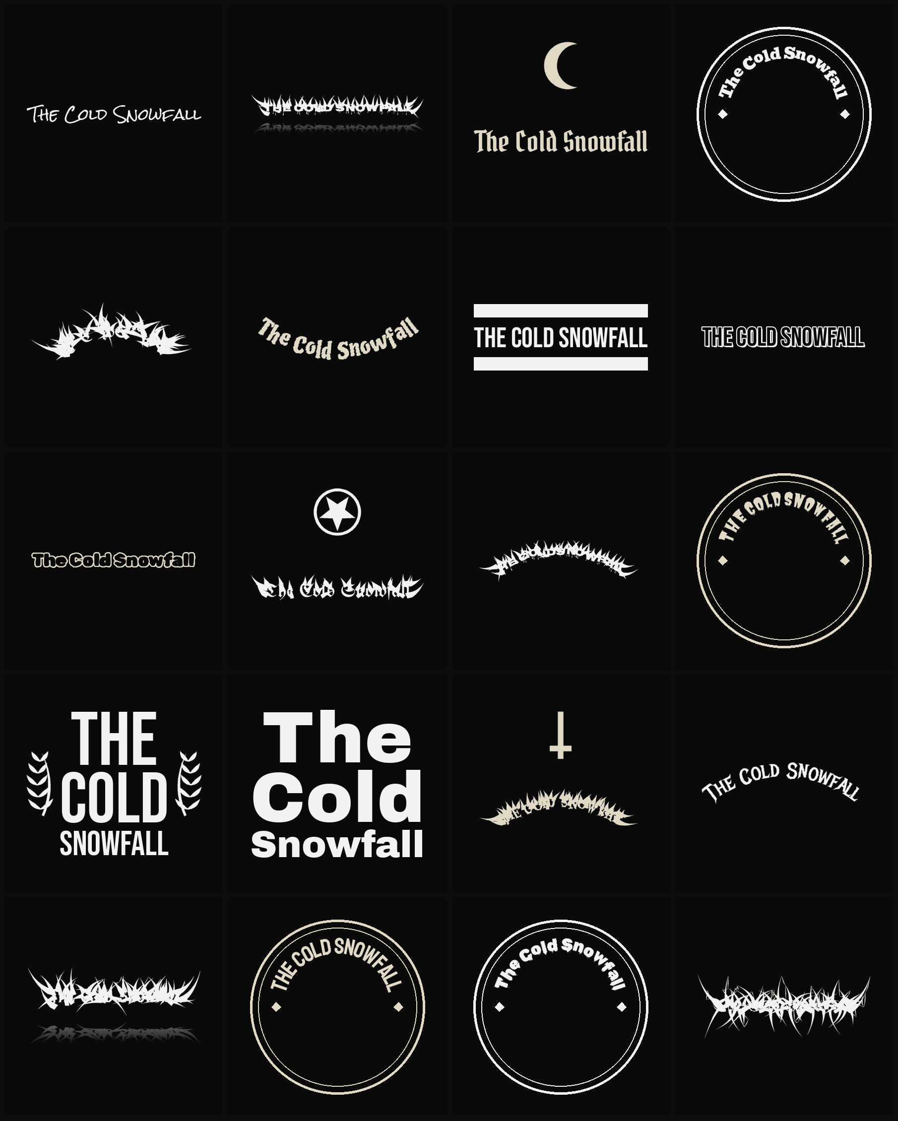 Twenty The Cold Snowfall band logo ideas — different faces, treatments and spike settings