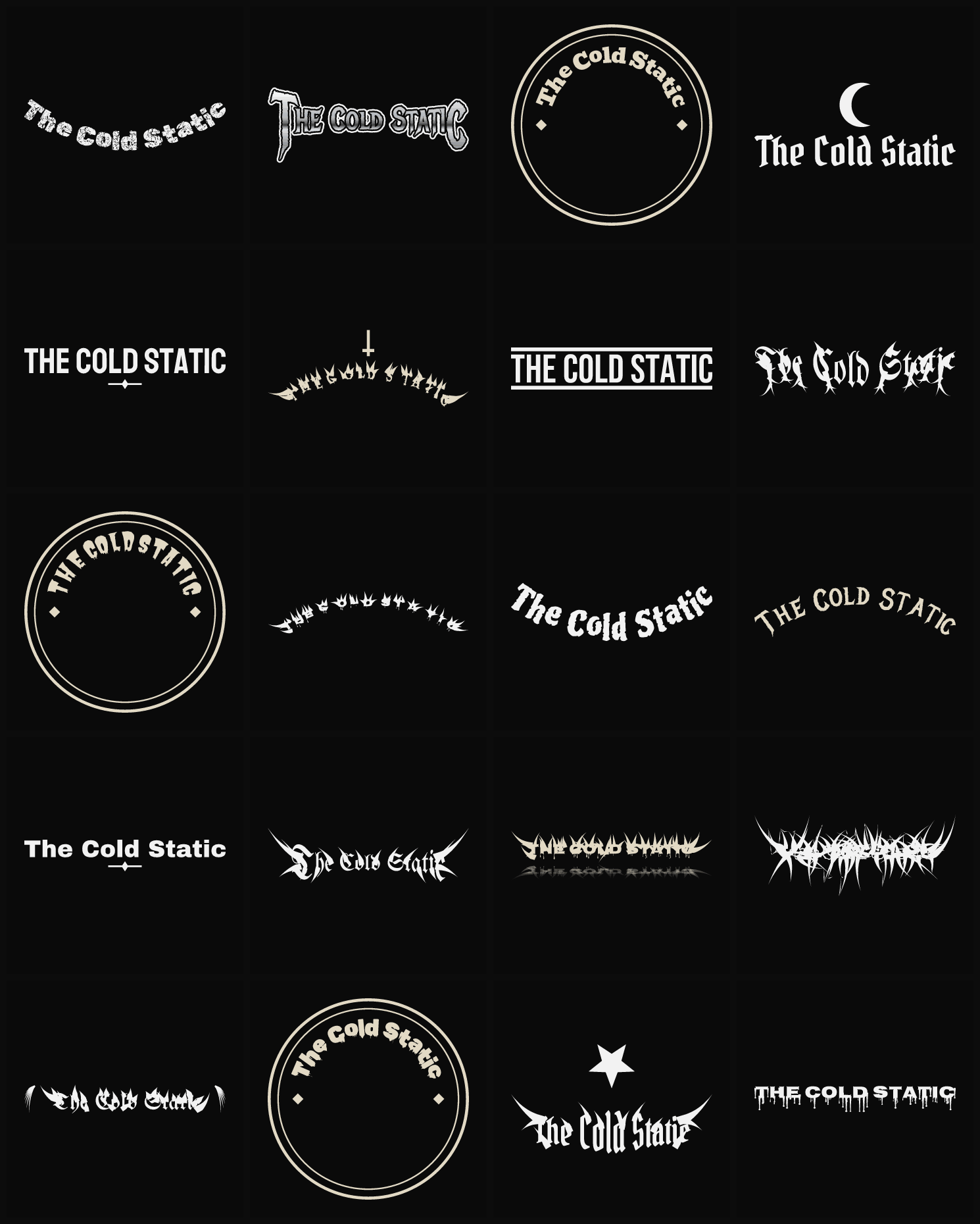 Twenty The Cold Static band logo ideas — different faces, treatments and spike settings