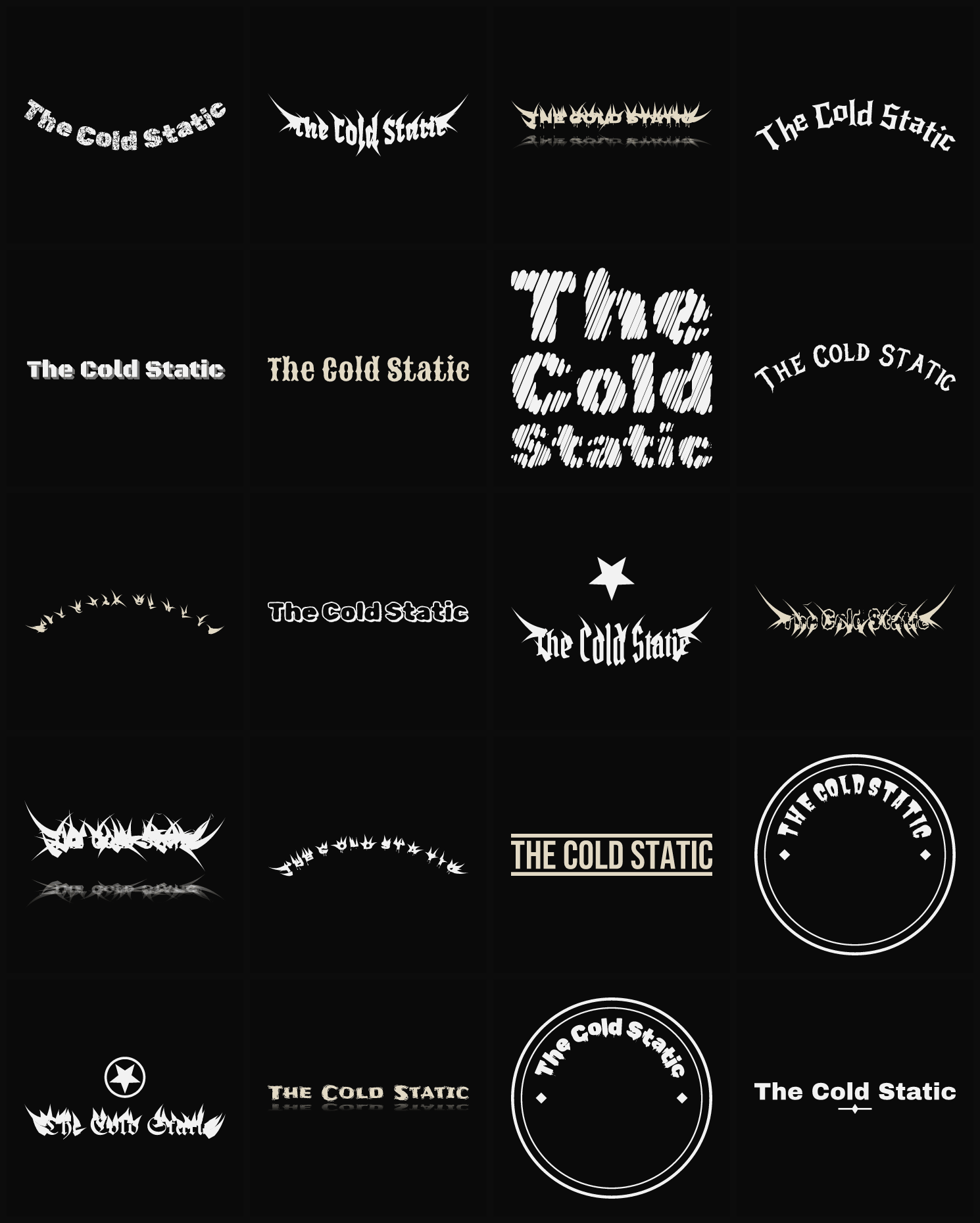 Twenty The Cold Static band logo ideas — different faces, treatments and spike settings