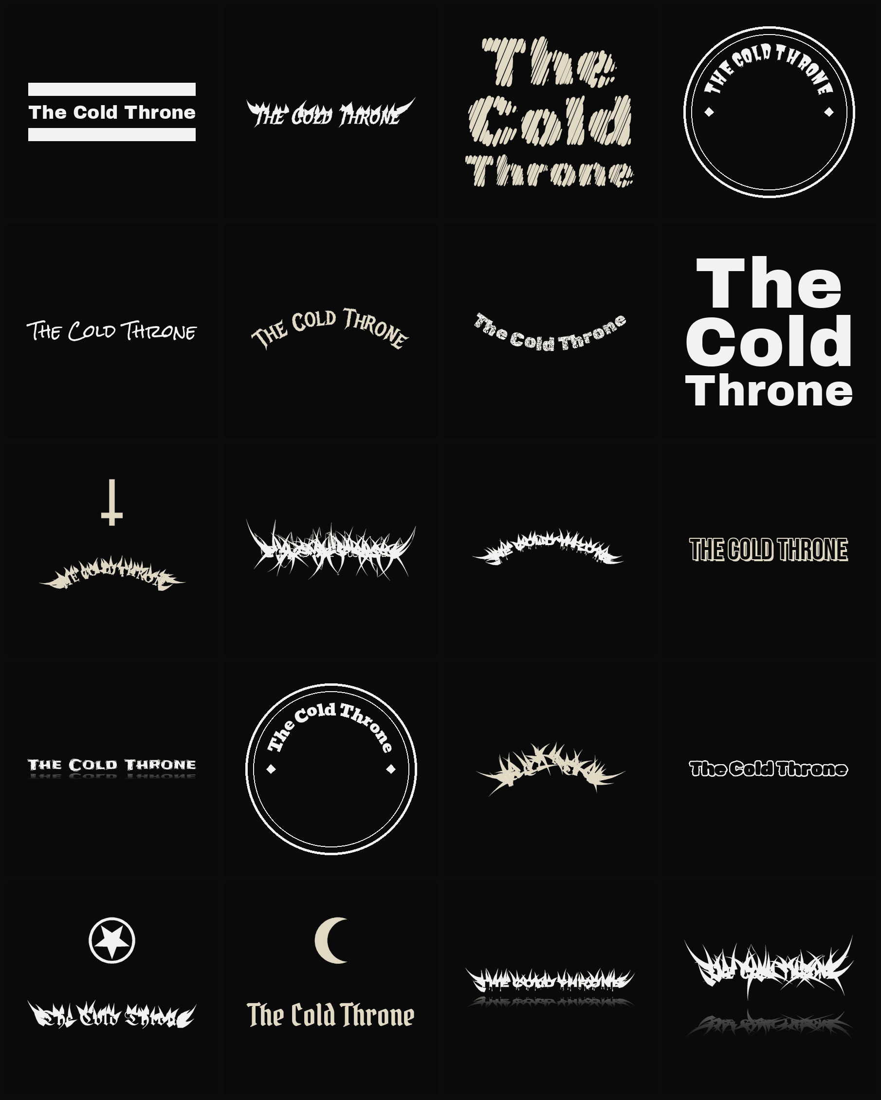 Twenty The Cold Throne band logo ideas — different faces, treatments and spike settings
