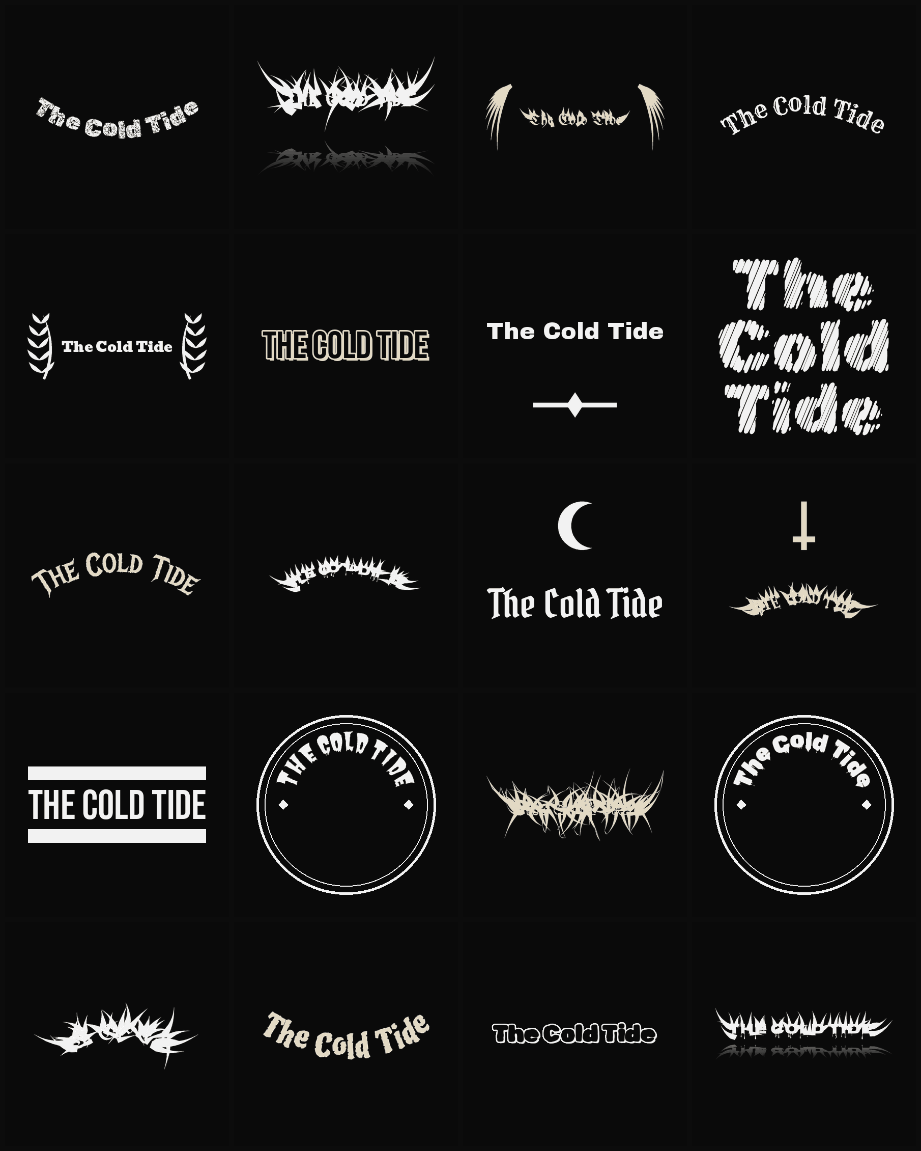 Twenty The Cold Tide band logo ideas — different faces, treatments and spike settings
