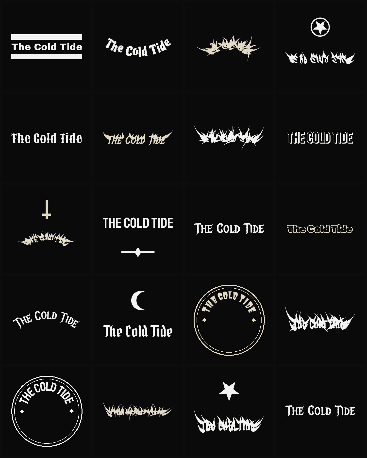 Twenty The Cold Tide band logo ideas — different faces, treatments and spike settings