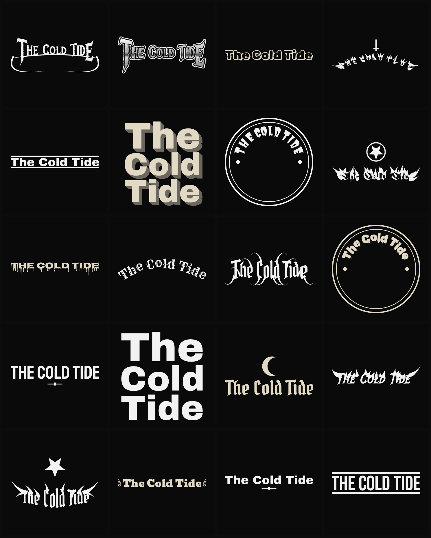 Twenty The Cold Tide band logo ideas — different faces, treatments and spike settings