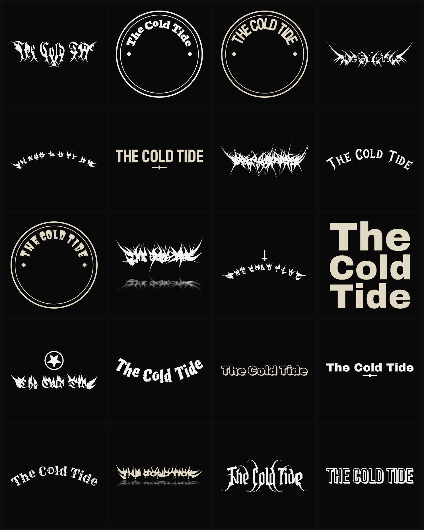 Twenty The Cold Tide band logo ideas — different faces, treatments and spike settings