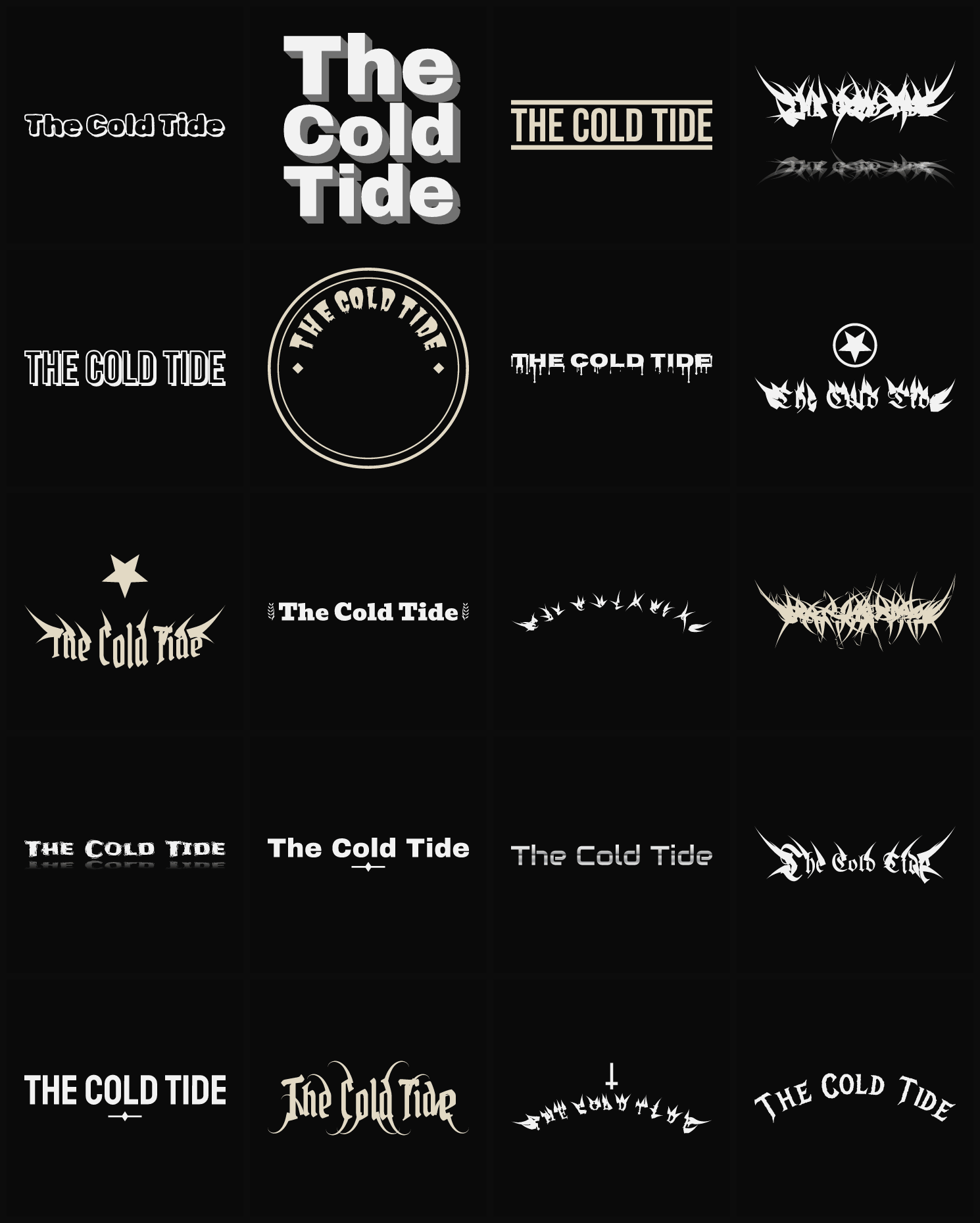 Twenty The Cold Tide band logo ideas — different faces, treatments and spike settings