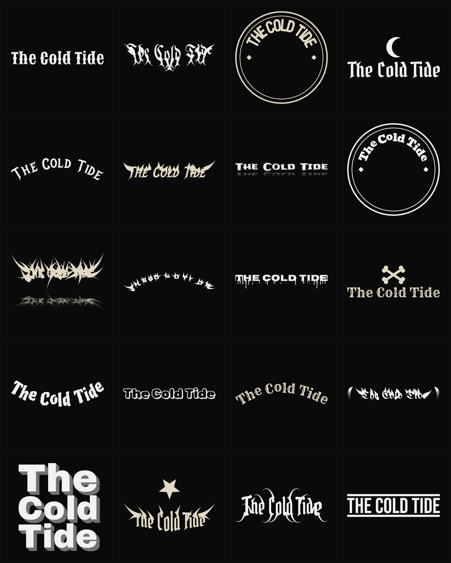 Twenty The Cold Tide band logo ideas — different faces, treatments and spike settings