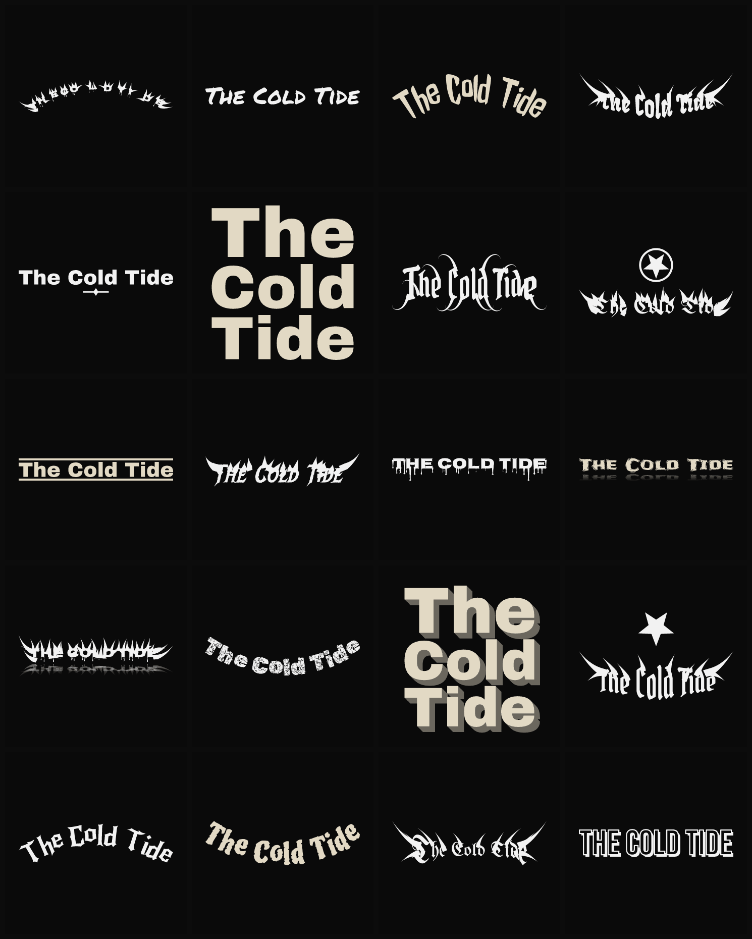Twenty The Cold Tide band logo ideas — different faces, treatments and spike settings