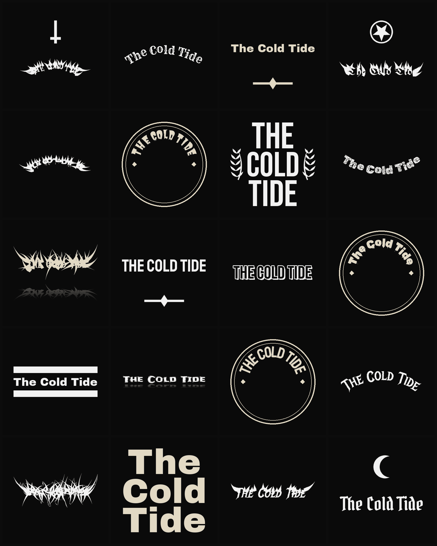 Twenty The Cold Tide band logo ideas — different faces, treatments and spike settings