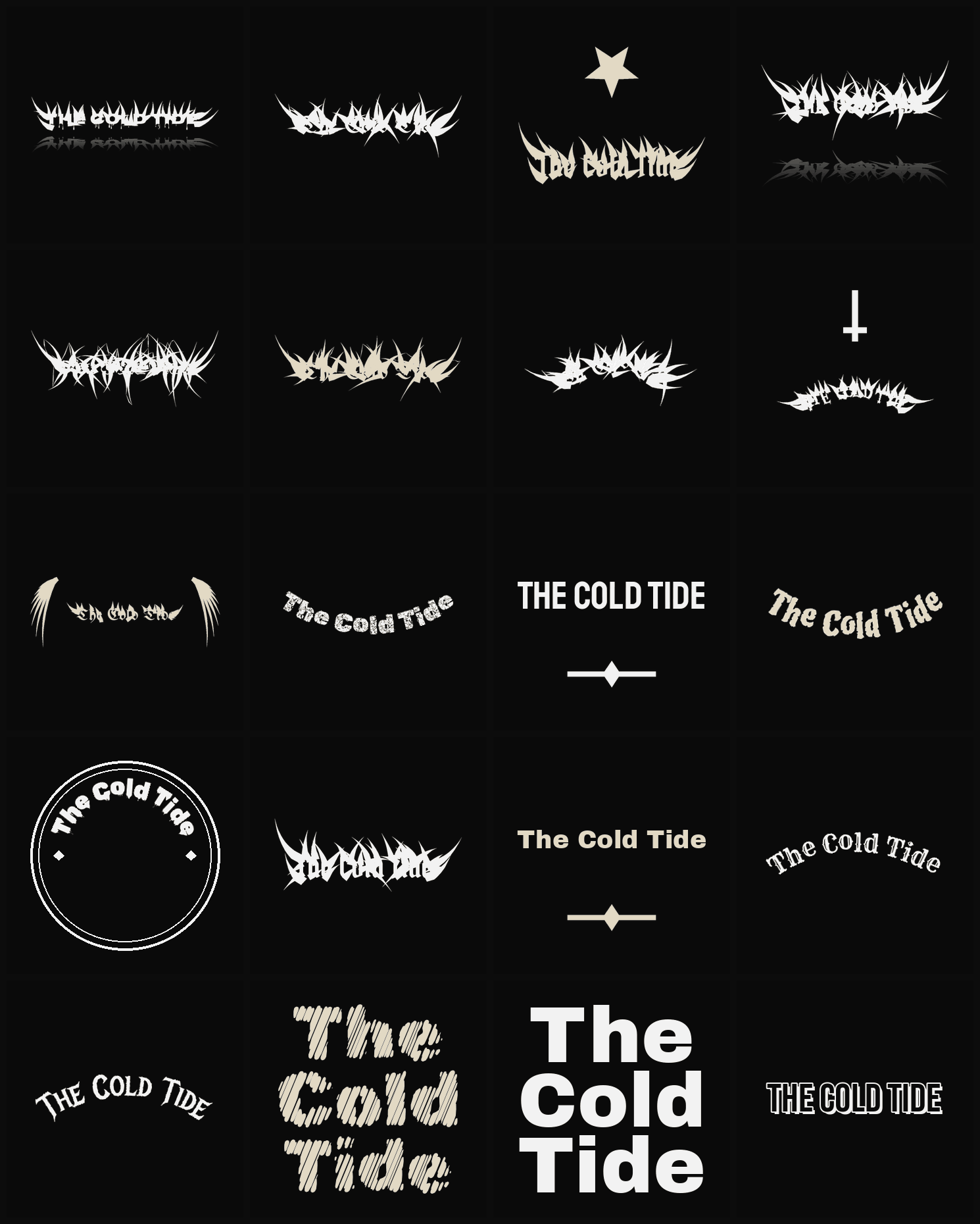 Twenty The Cold Tide band logo ideas — different faces, treatments and spike settings
