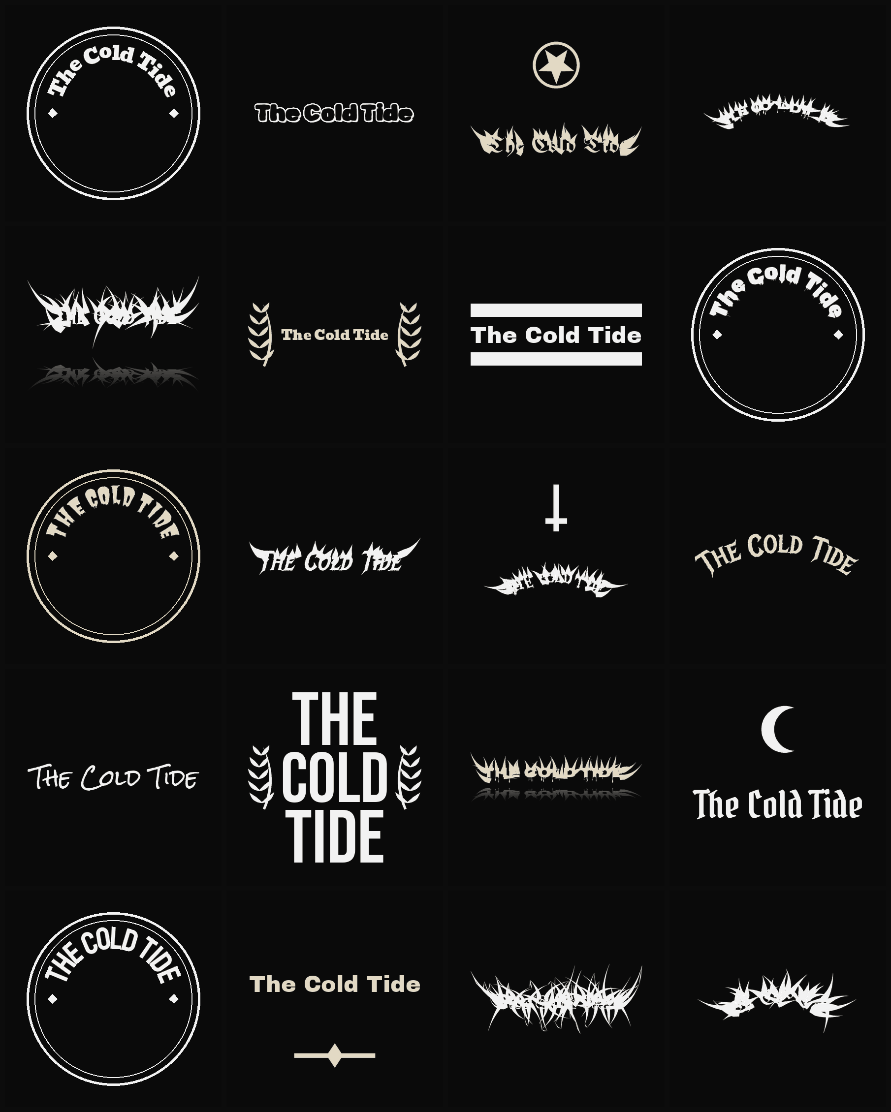 Twenty The Cold Tide band logo ideas — different faces, treatments and spike settings