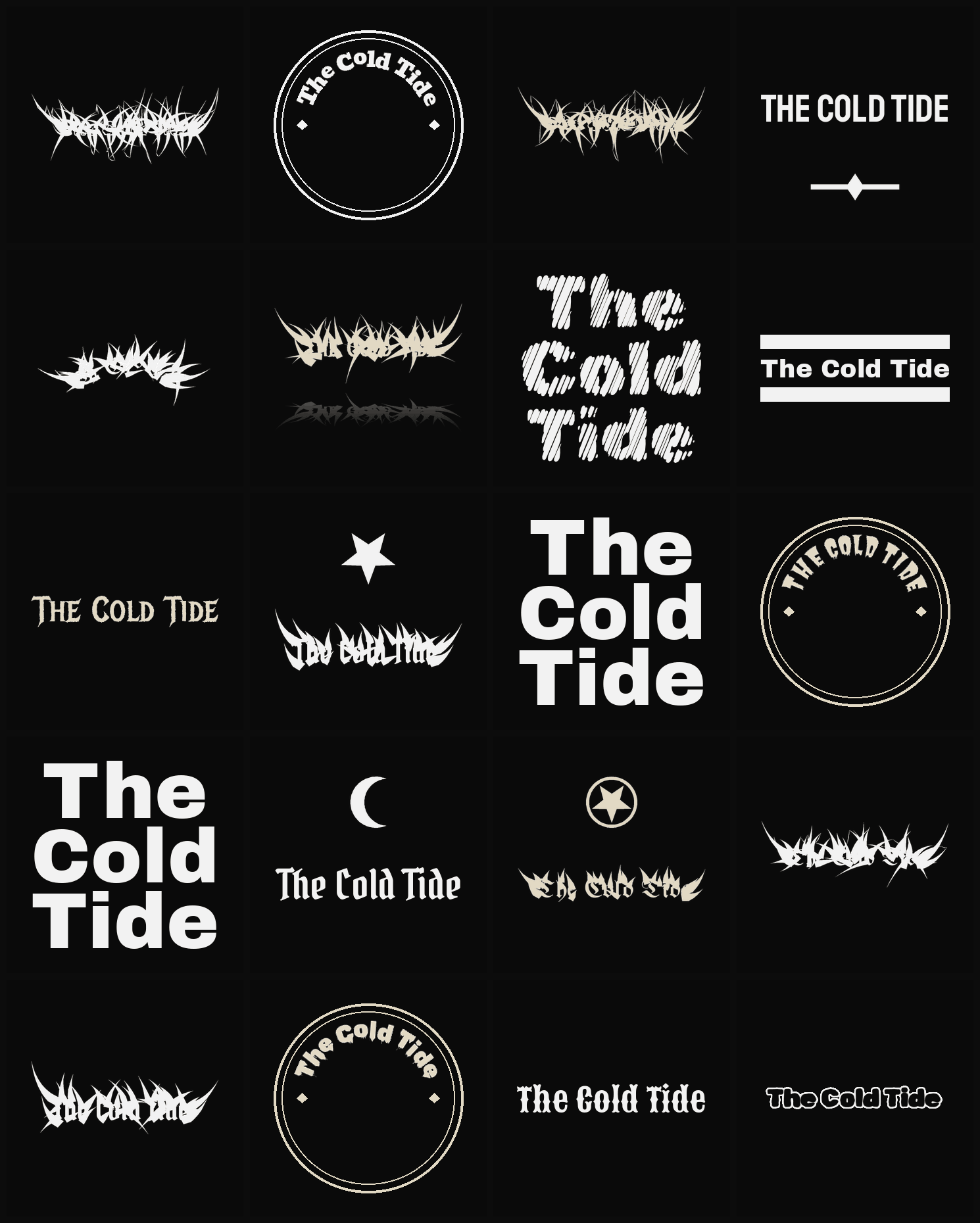 Twenty The Cold Tide band logo ideas — different faces, treatments and spike settings
