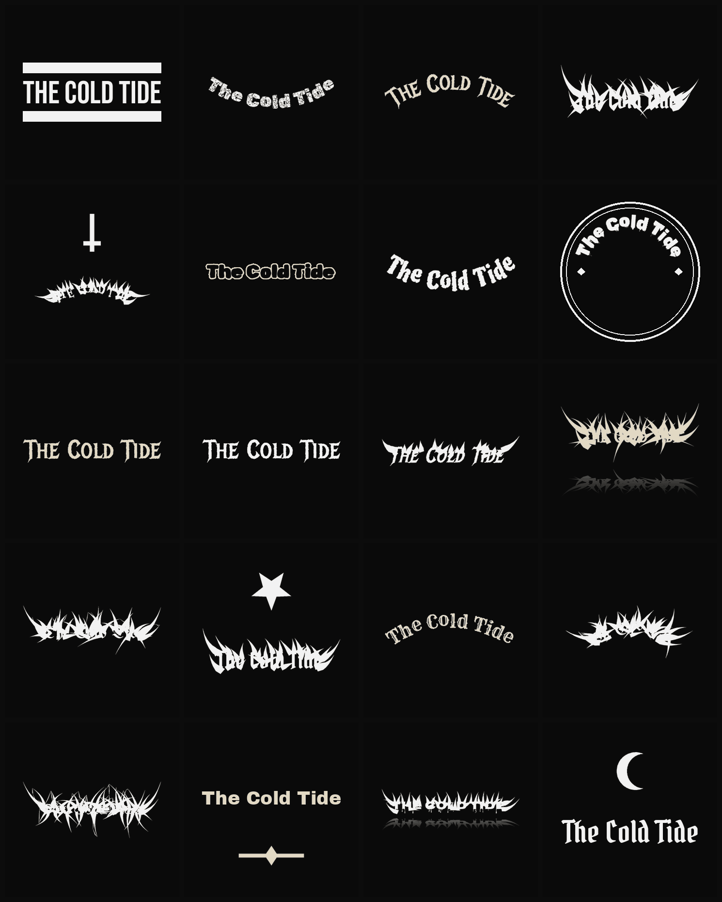 Twenty The Cold Tide band logo ideas — different faces, treatments and spike settings