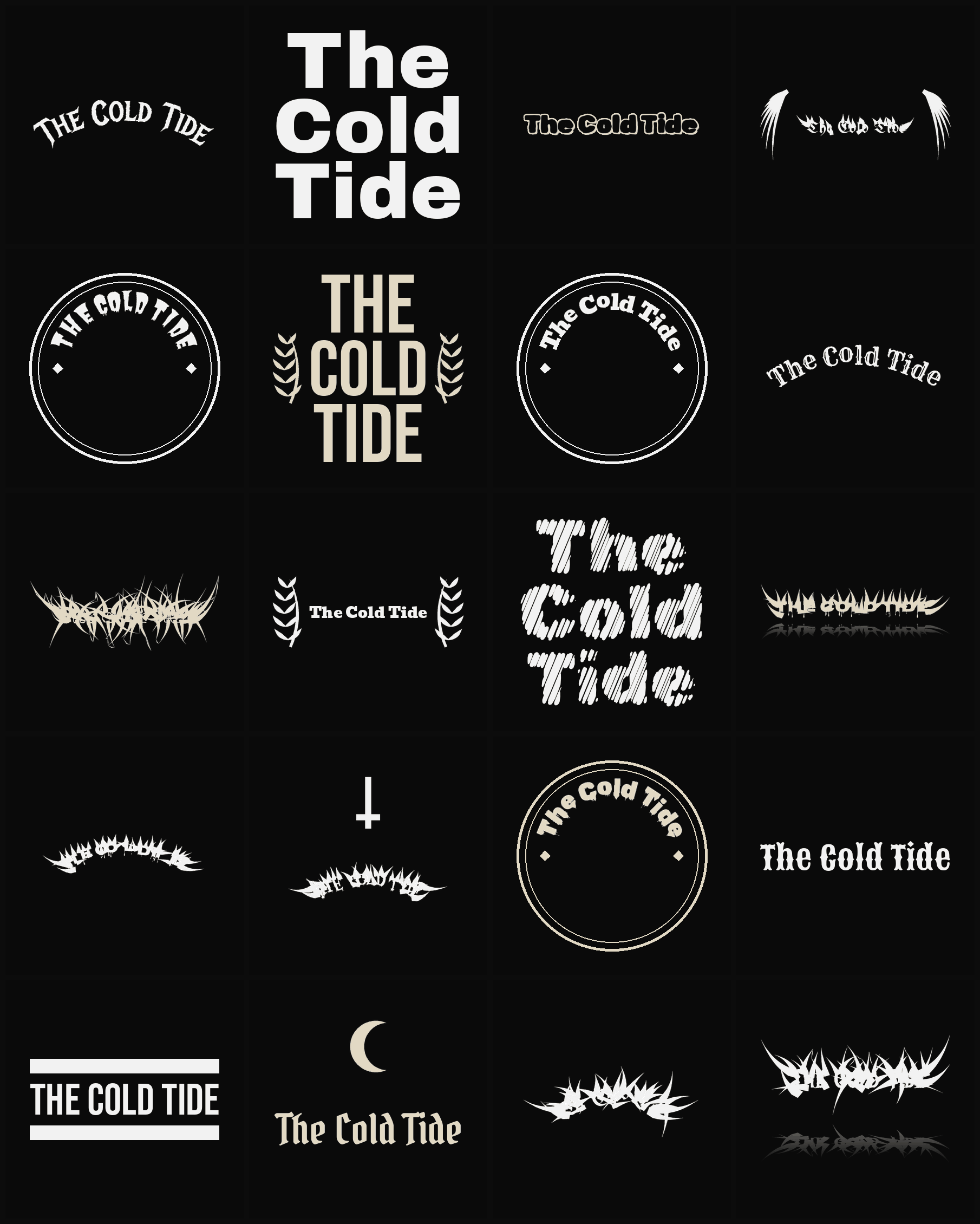 Twenty The Cold Tide band logo ideas — different faces, treatments and spike settings