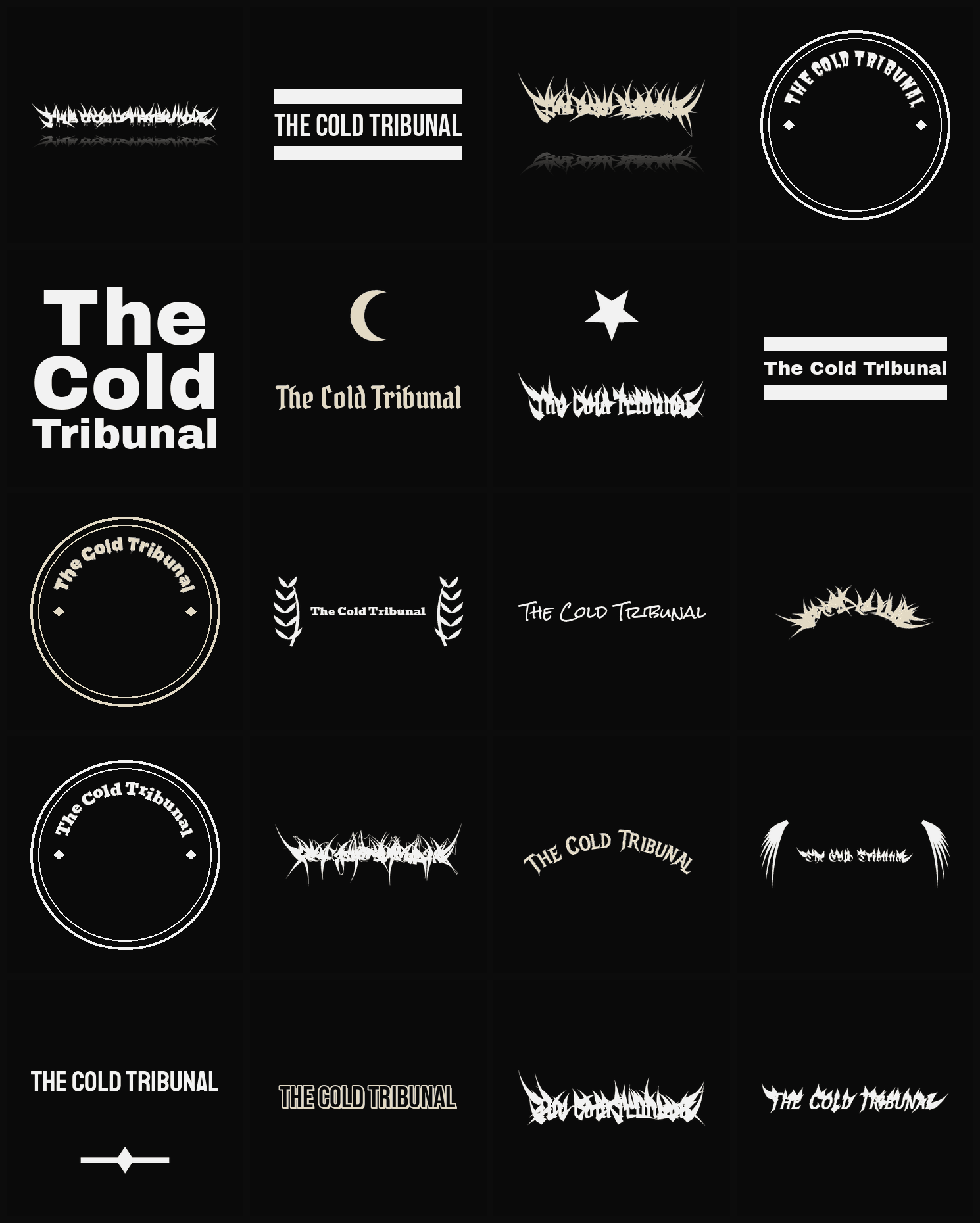 Twenty The Cold Tribunal band logo ideas — different faces, treatments and spike settings