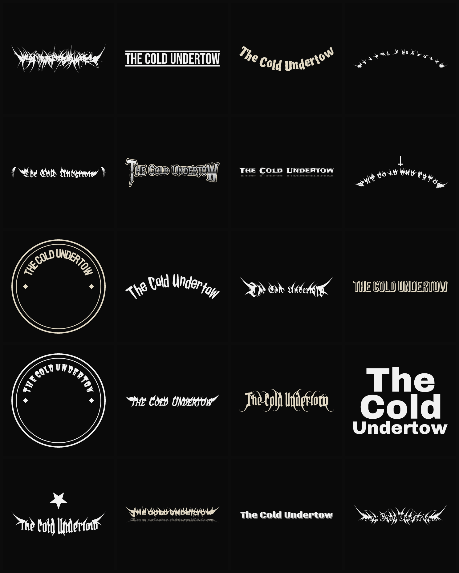 Twenty The Cold Undertow band logo ideas — different faces, treatments and spike settings