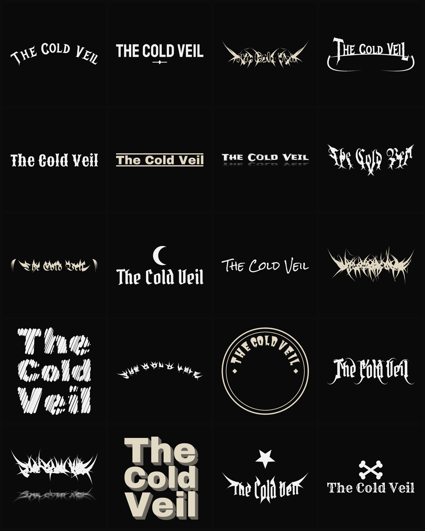 Twenty The Cold Veil band logo ideas — different faces, treatments and spike settings