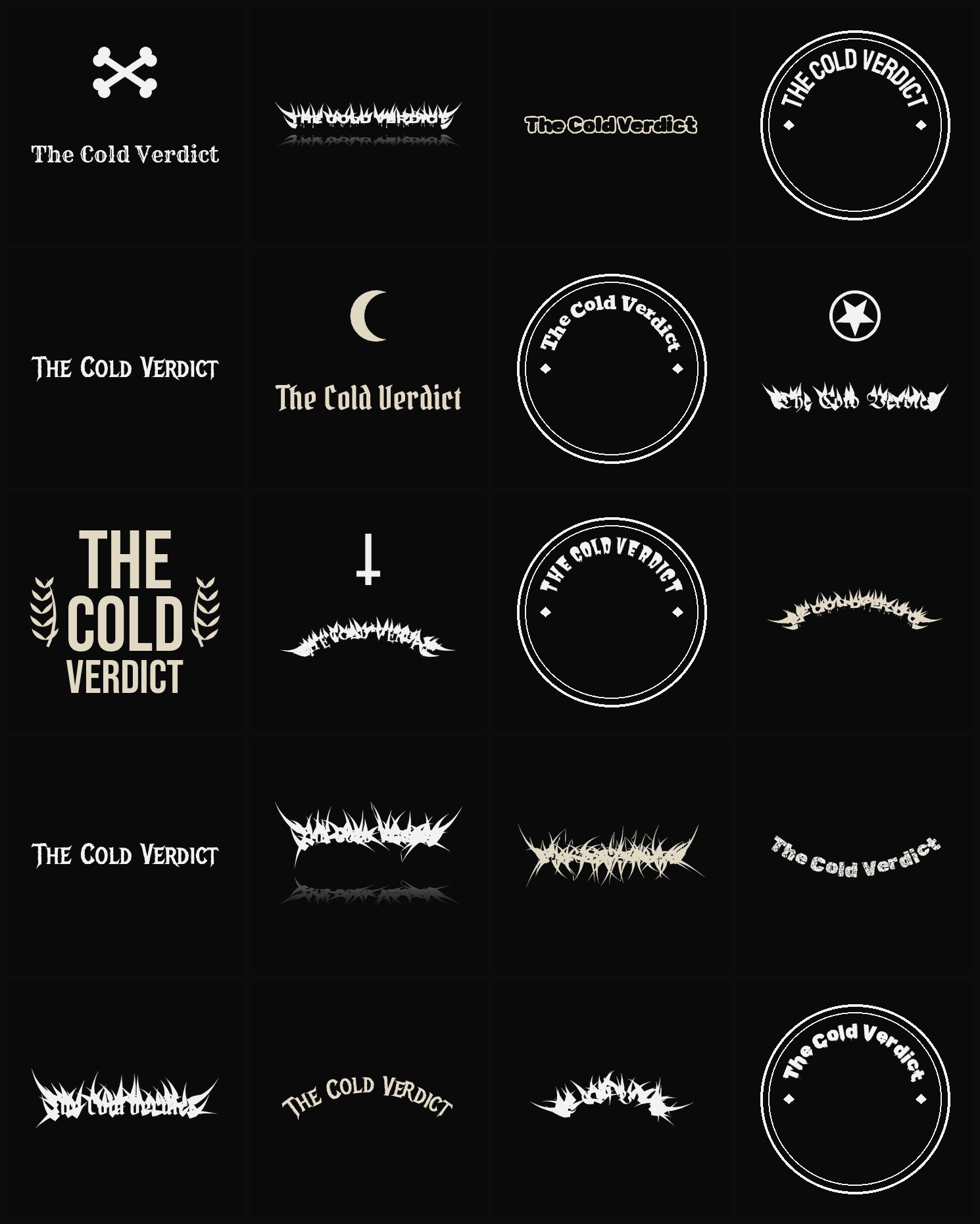 Twenty The Cold Verdict band logo ideas — different faces, treatments and spike settings