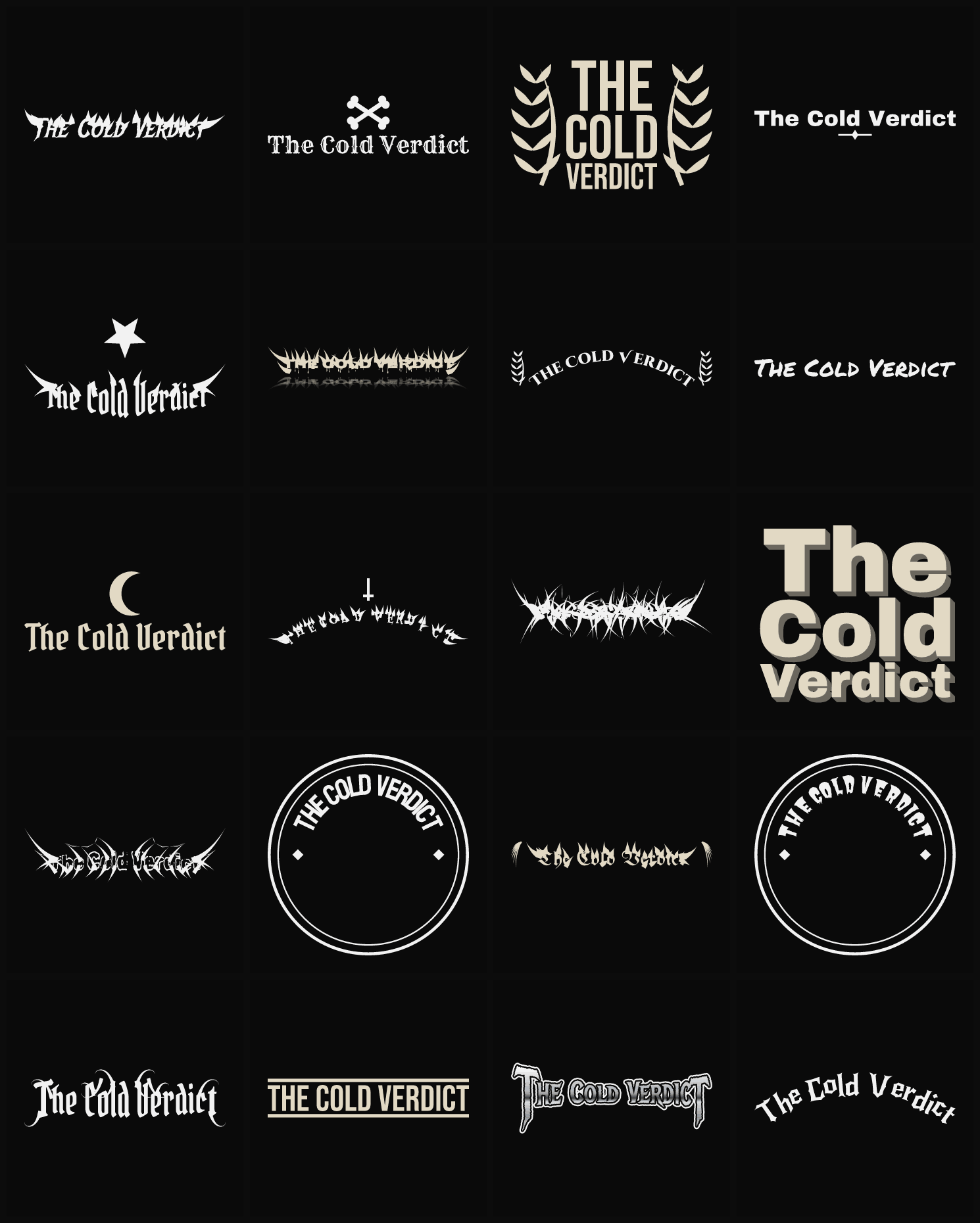 Twenty The Cold Verdict band logo ideas — different faces, treatments and spike settings