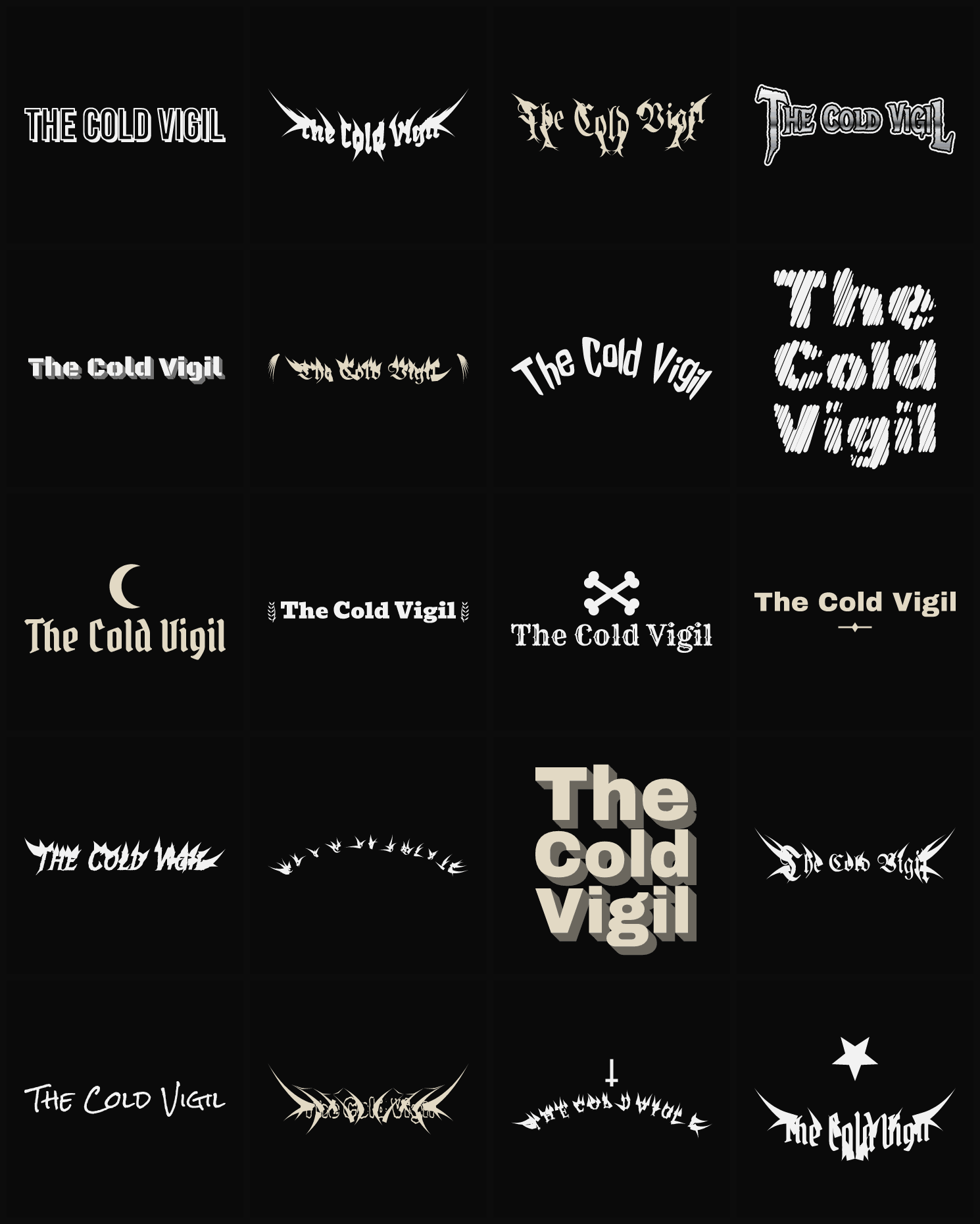 Twenty The Cold Vigil band logo ideas — different faces, treatments and spike settings