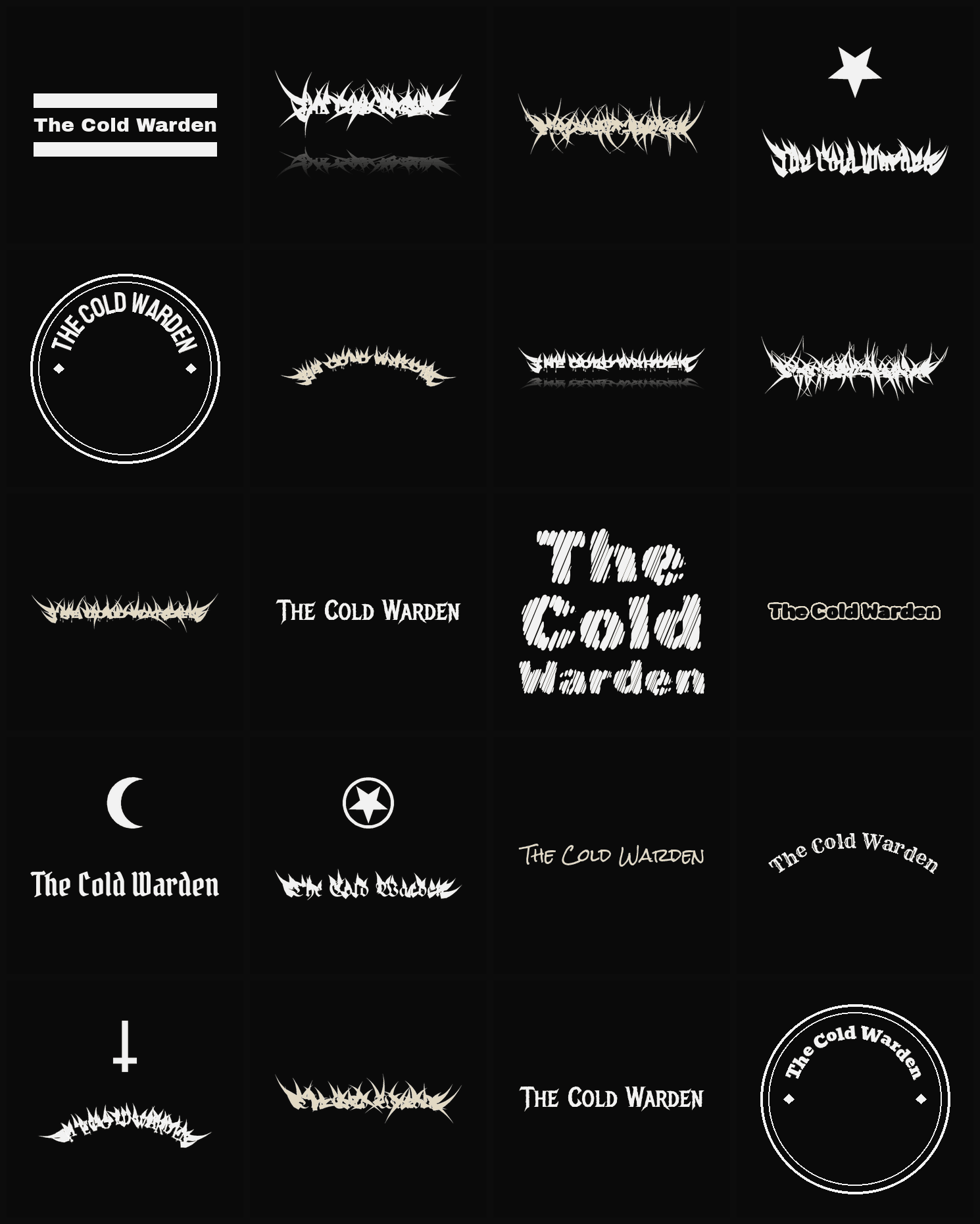 Twenty The Cold Warden band logo ideas — different faces, treatments and spike settings