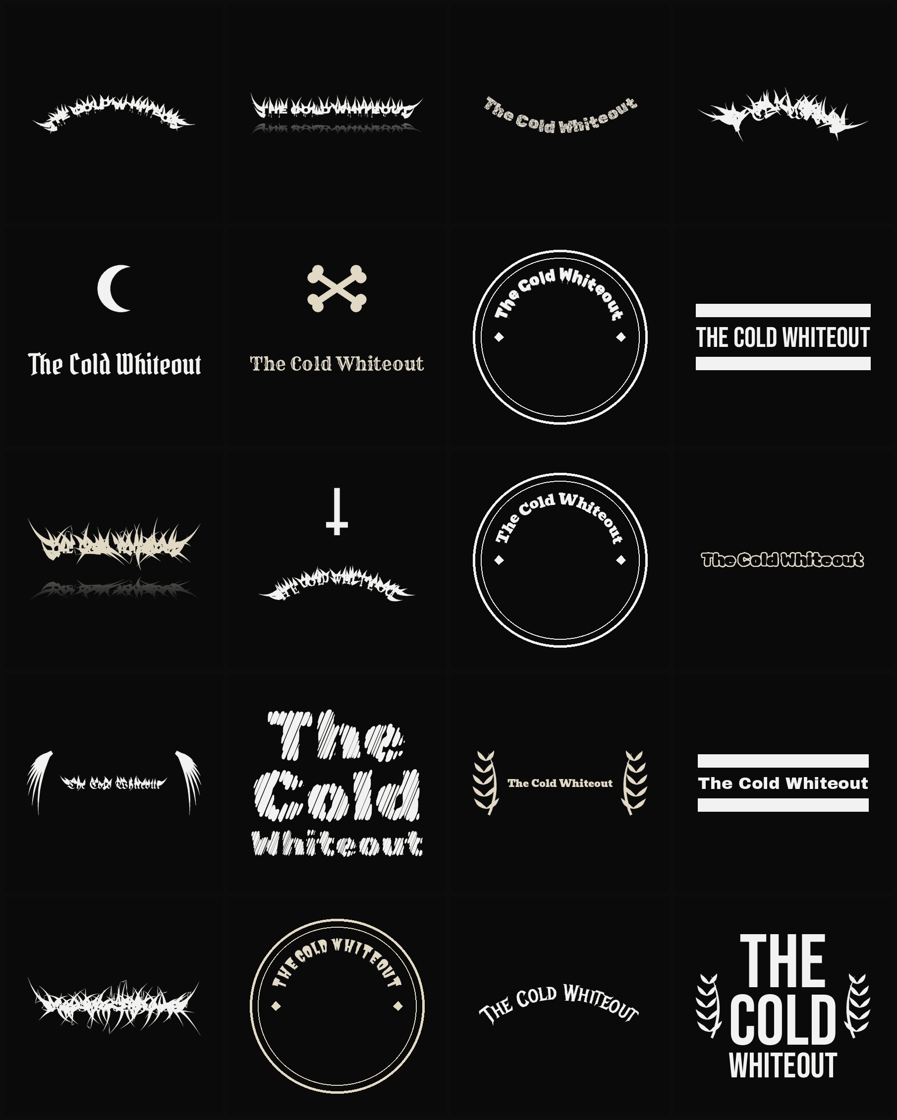 Twenty The Cold Whiteout band logo ideas — different faces, treatments and spike settings
