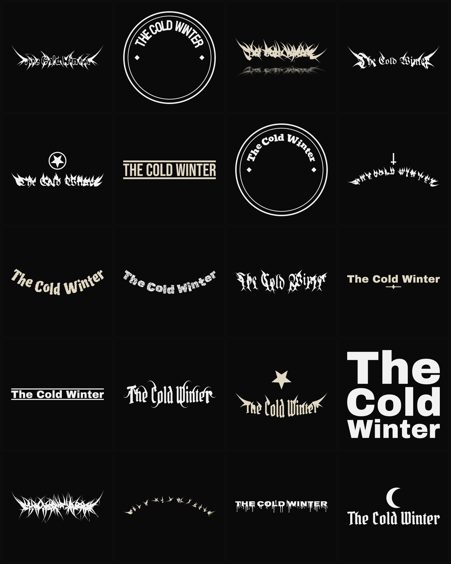 Twenty The Cold Winter band logo ideas — different faces, treatments and spike settings
