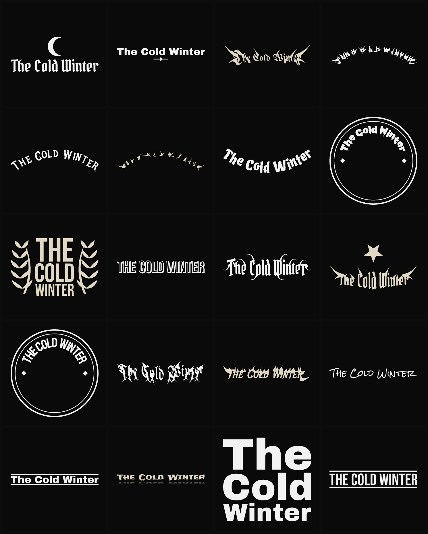 Twenty The Cold Winter band logo ideas — different faces, treatments and spike settings