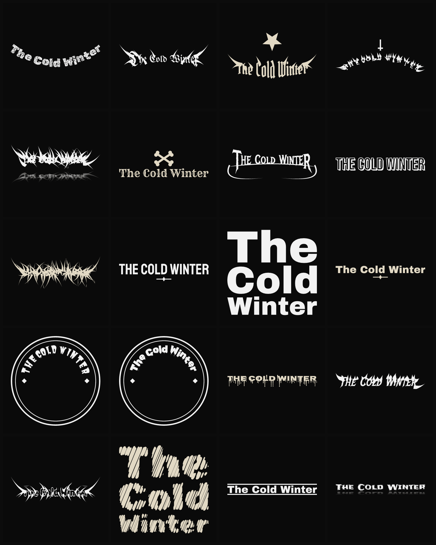 Twenty The Cold Winter band logo ideas — different faces, treatments and spike settings