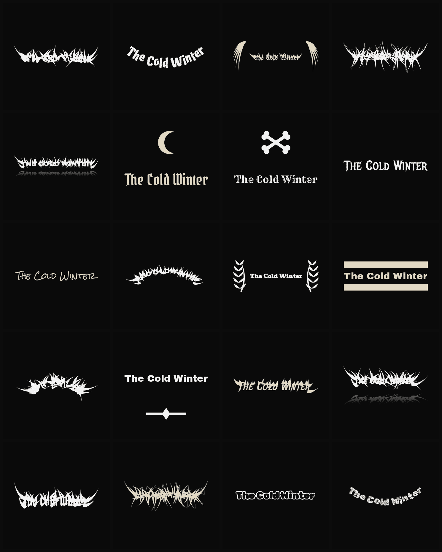 Twenty The Cold Winter band logo ideas — different faces, treatments and spike settings