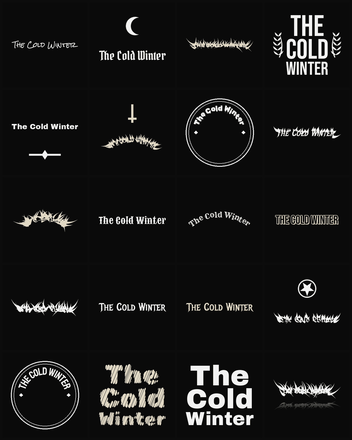 Twenty The Cold Winter band logo ideas — different faces, treatments and spike settings
