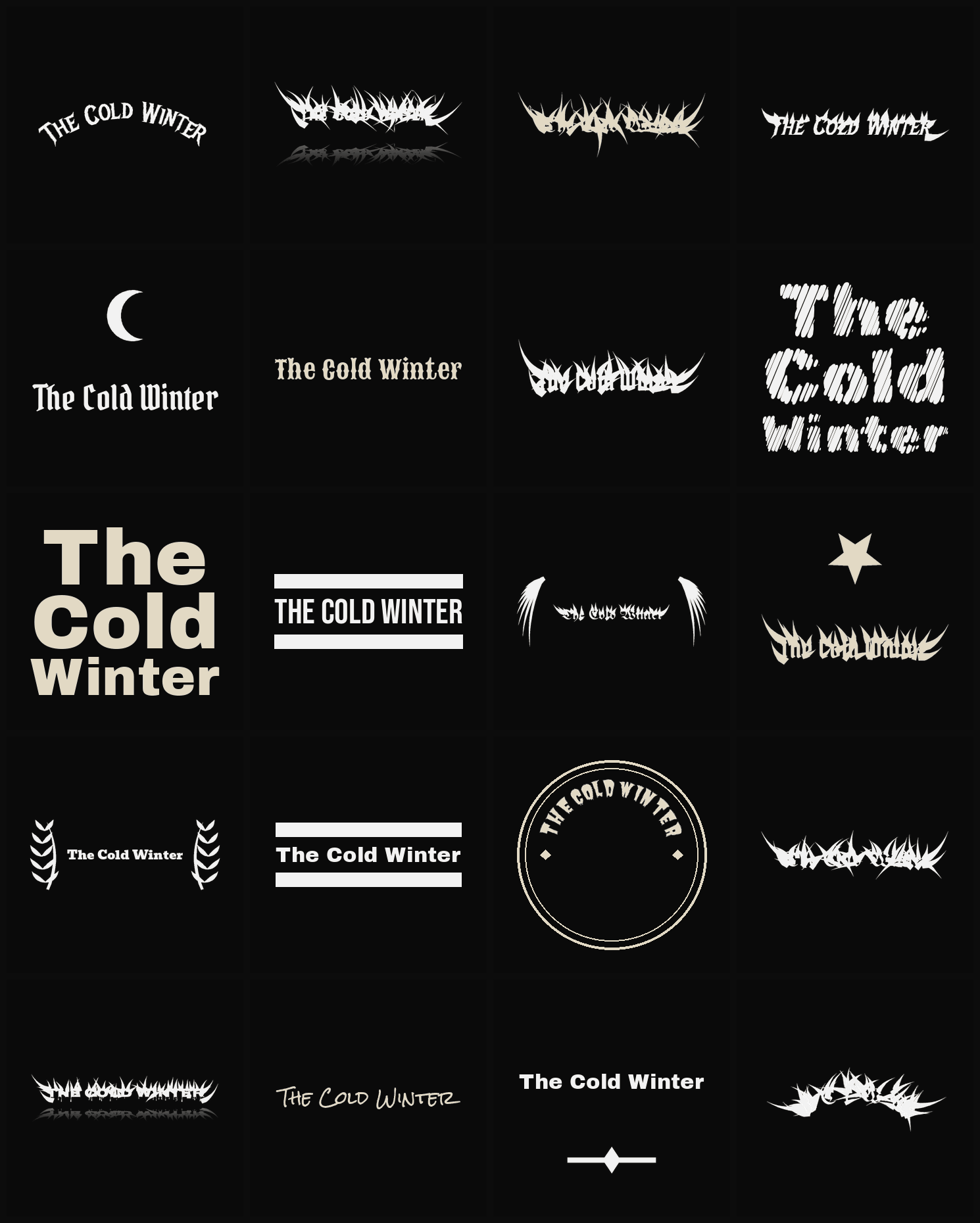 Twenty The Cold Winter band logo ideas — different faces, treatments and spike settings